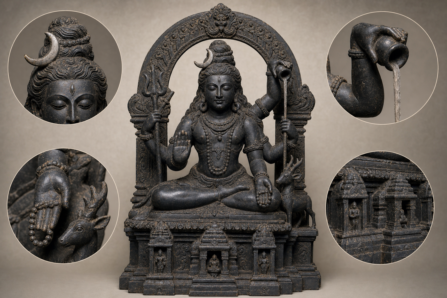 A museum-style study shows a complete seated Shiva sculpture surrounded by close views of its crescent and hair, raised vessel, rosary and deer emblem, and carved pedestal.