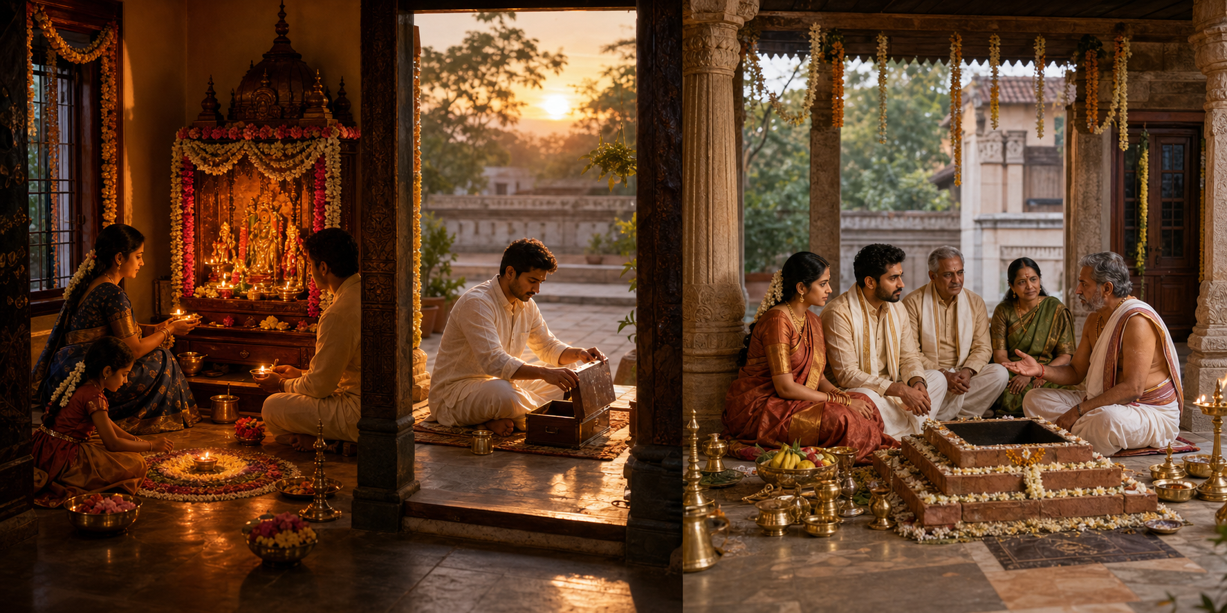 Three adjoining scenes show a household festival shrine, an everyday task beginning at sunrise, and a family consulting a priest before a major fire ritual.