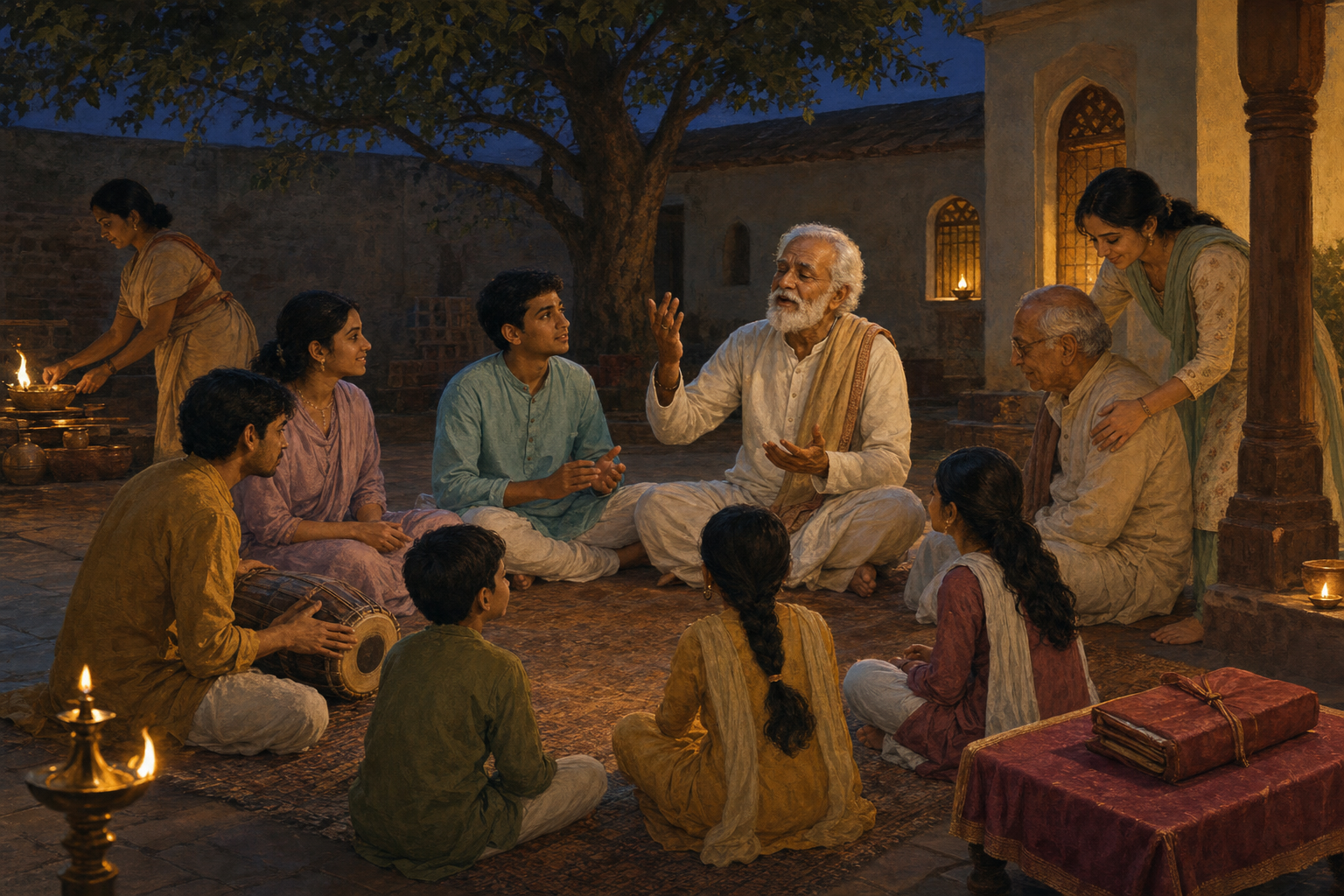 An elder teaches devotional singing in a courtyard as younger participants learn music, serve food, and assist an older listener.