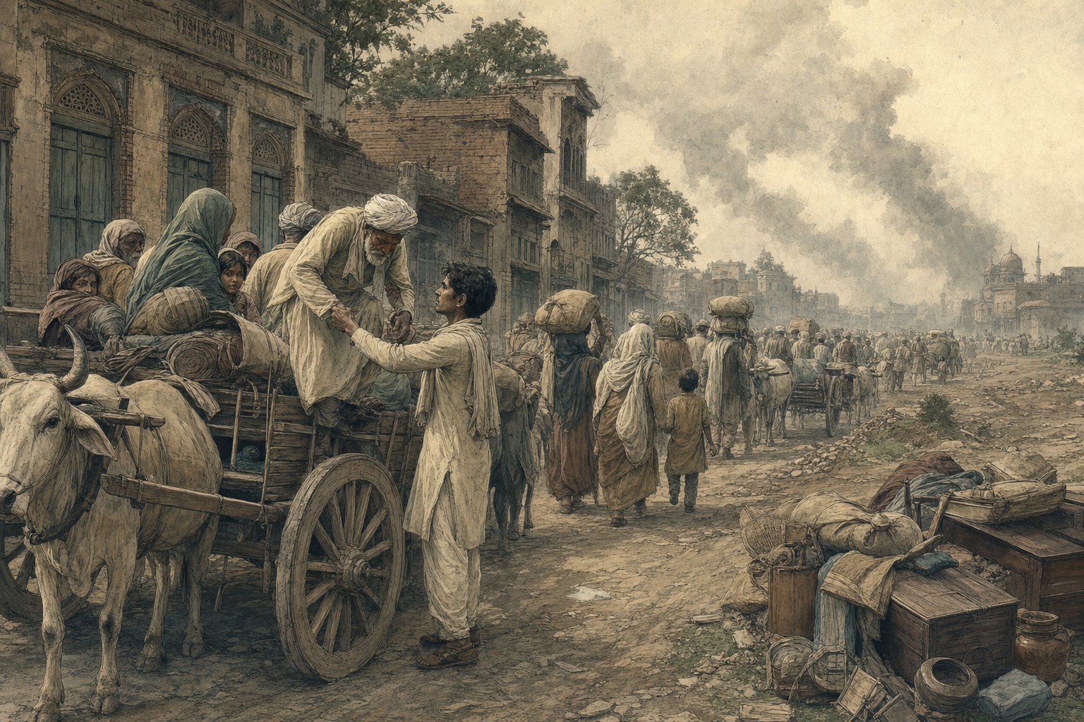 A young civilian helps an elderly traveler onto a bullock cart as a long procession of displaced families passes shuttered homes in the distance.
