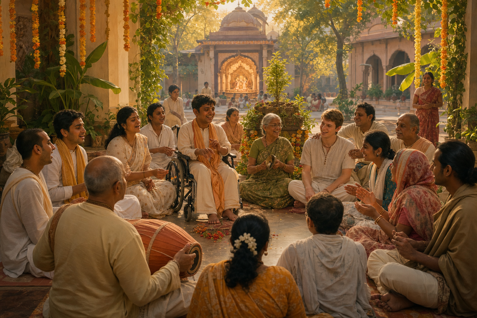 A diverse group of devotees sits together in a temple courtyard, singing with a drum and hand cymbals in the morning light.