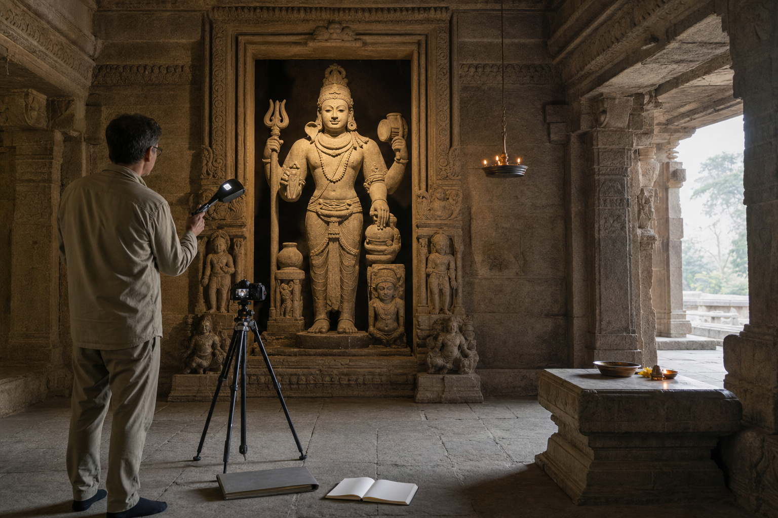A researcher respectfully documents a Shiva sculpture inside a shrine, with the complete figure, pedestal, surrounding carvings, camera, lamp, and architectural setting visible.