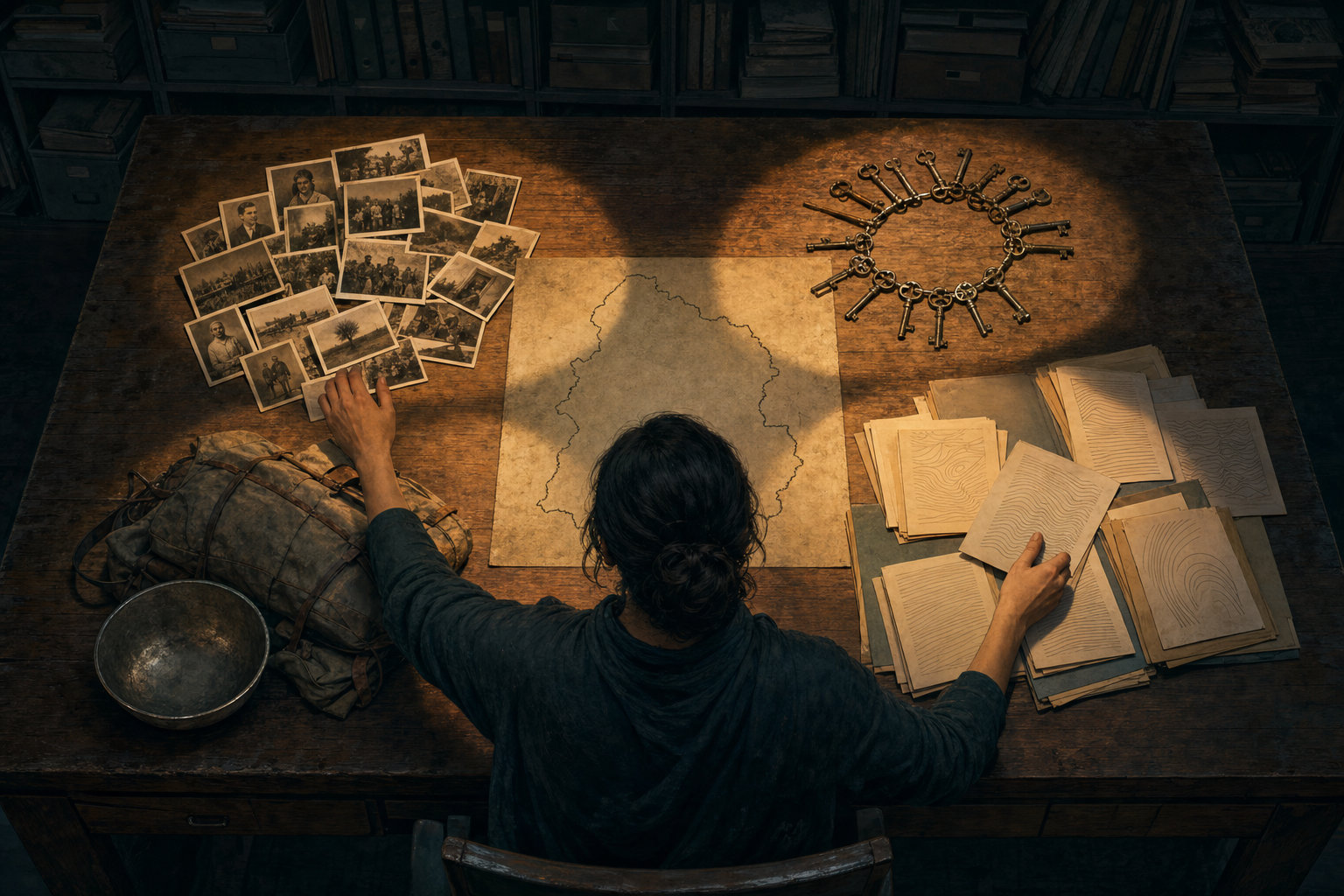 A researcher compares four groups of archival objects around an unlabeled map, including family photographs, house keys, a travel bundle and document folders.