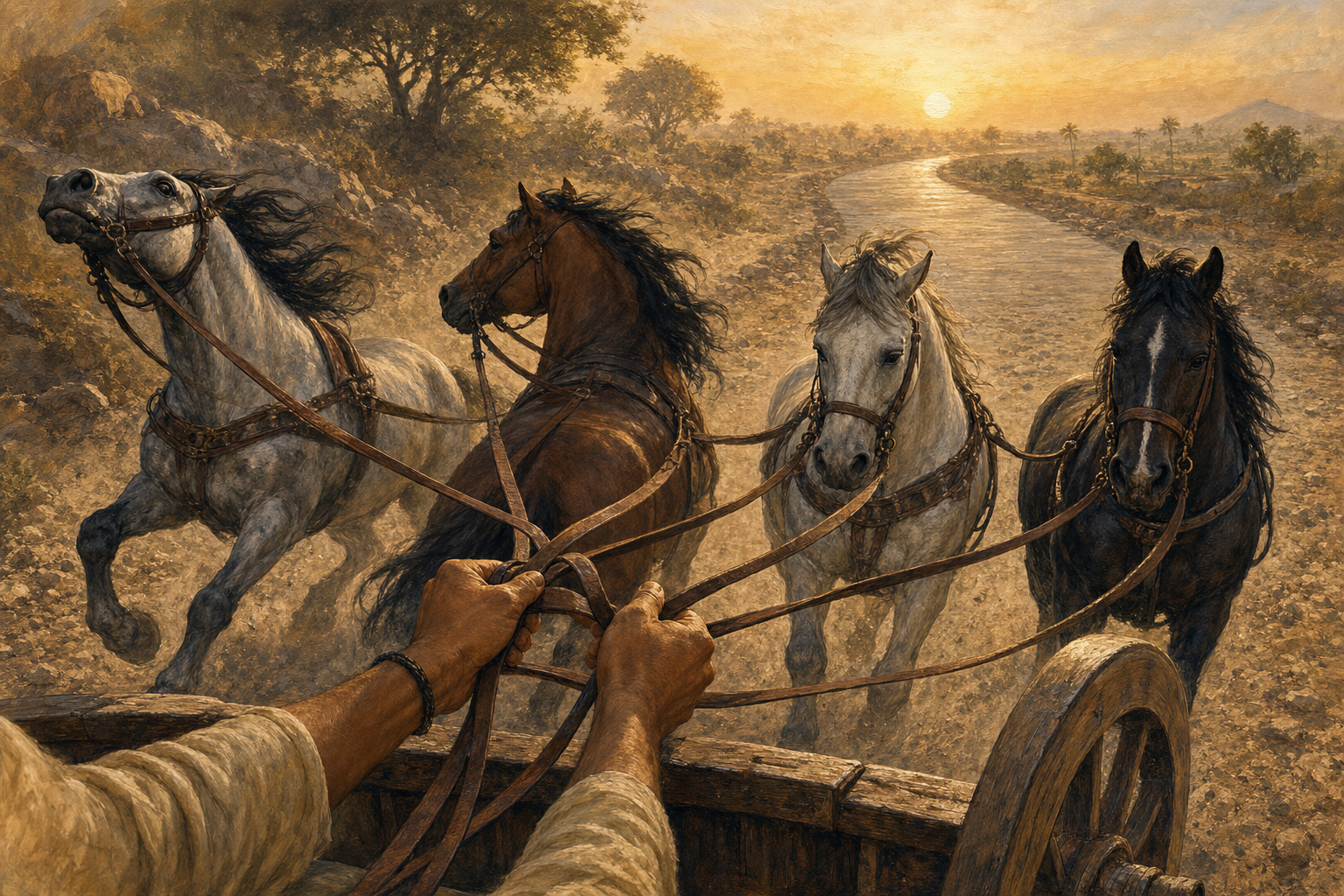 A charioteer calmly holds the reins of four horses pulling in slightly different directions along a rough road.