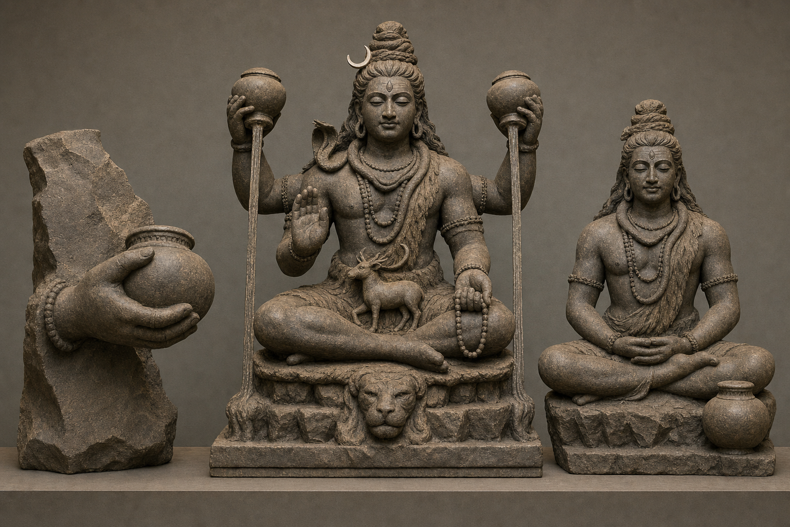 Three comparative stone sculpture views include similar ritual vessels, while only the central complete Shiva figure displays the full arrangement of crescent, third eye, multiple arms, streams, rosary, and deer emblem.
