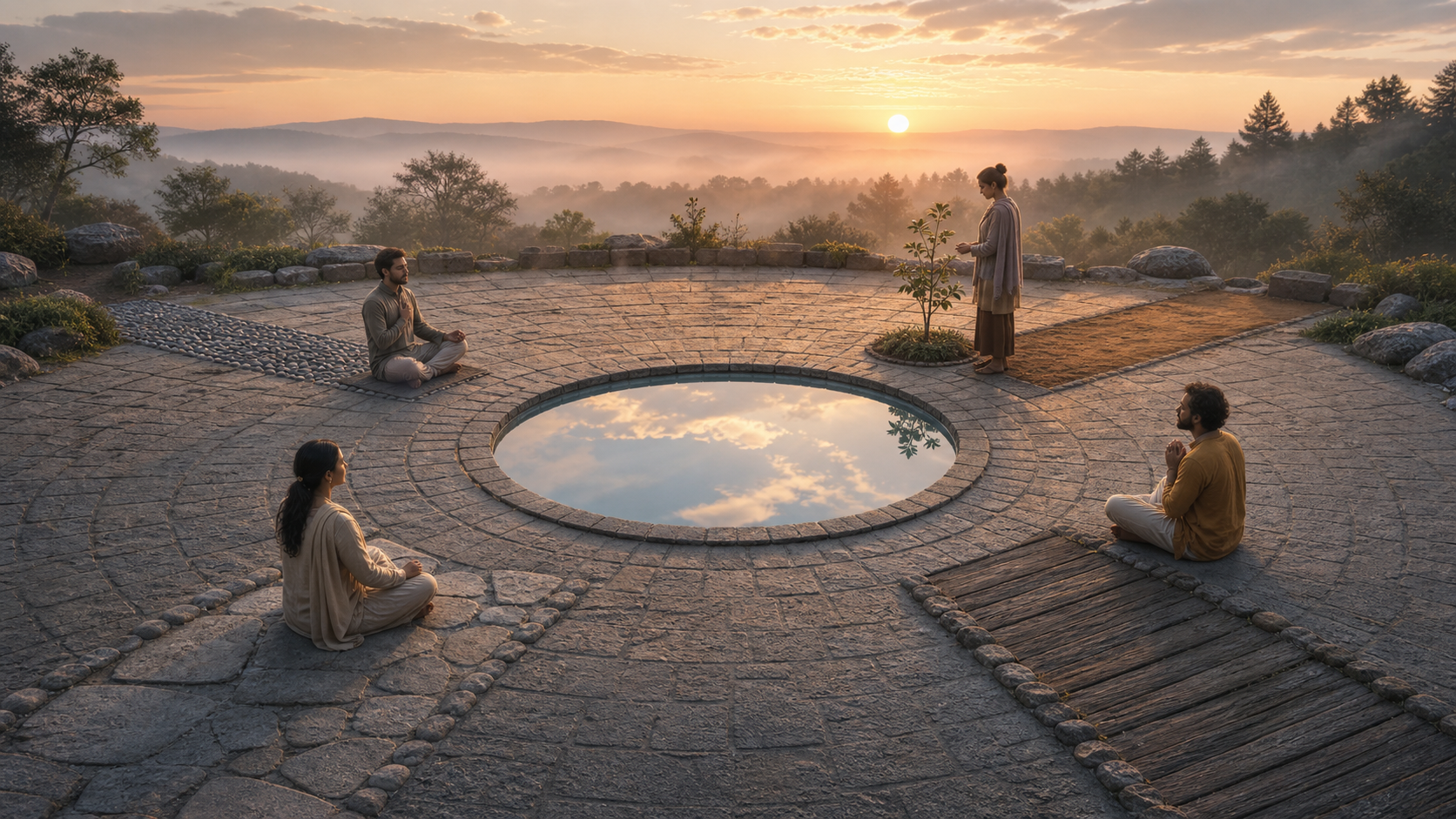 Four adults engaged in different contemplative practices around a still circular pool where four separate paths meet at dawn.