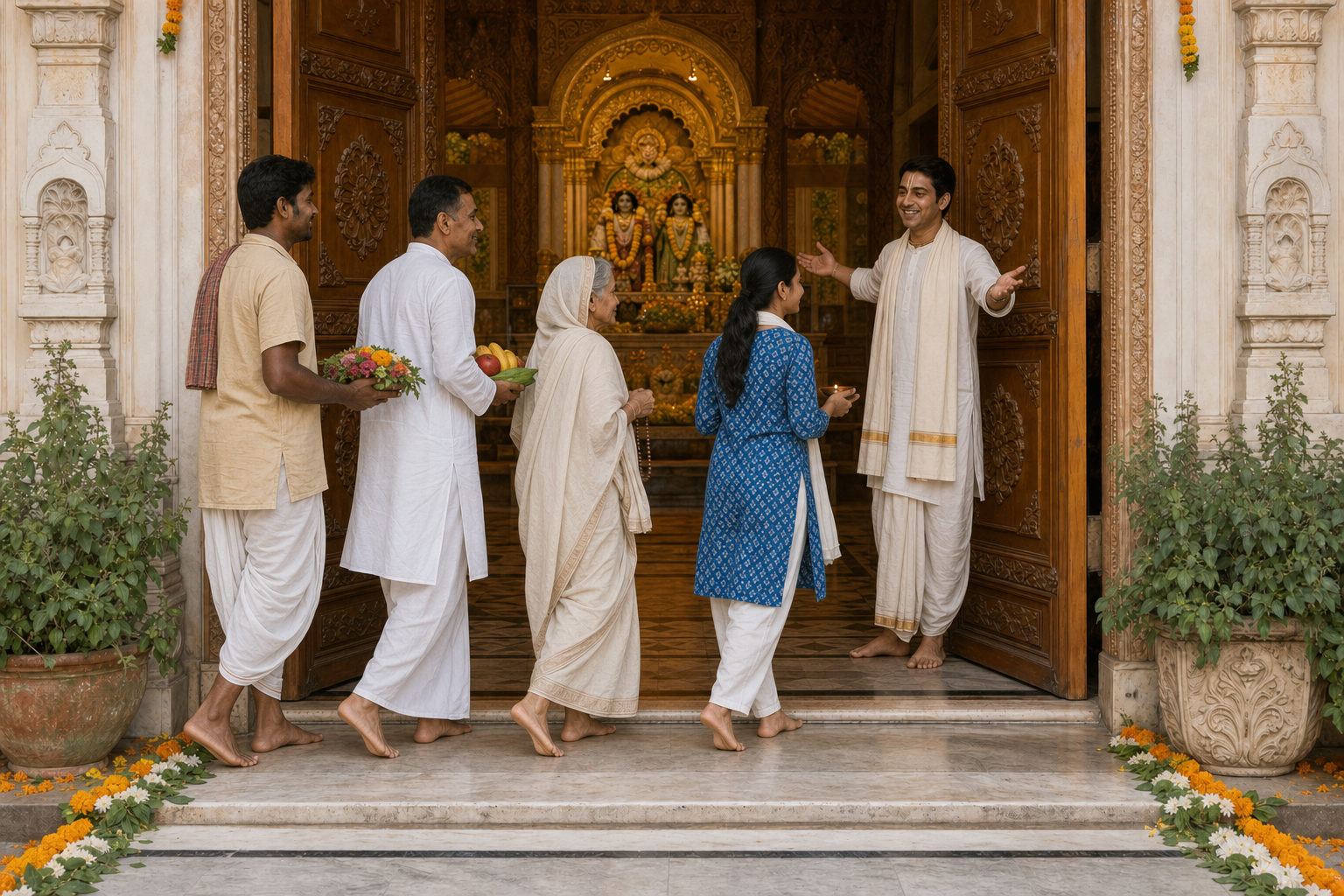 Visitors from varied backgrounds cross the same open temple threshold while a devotee welcomes them equally.