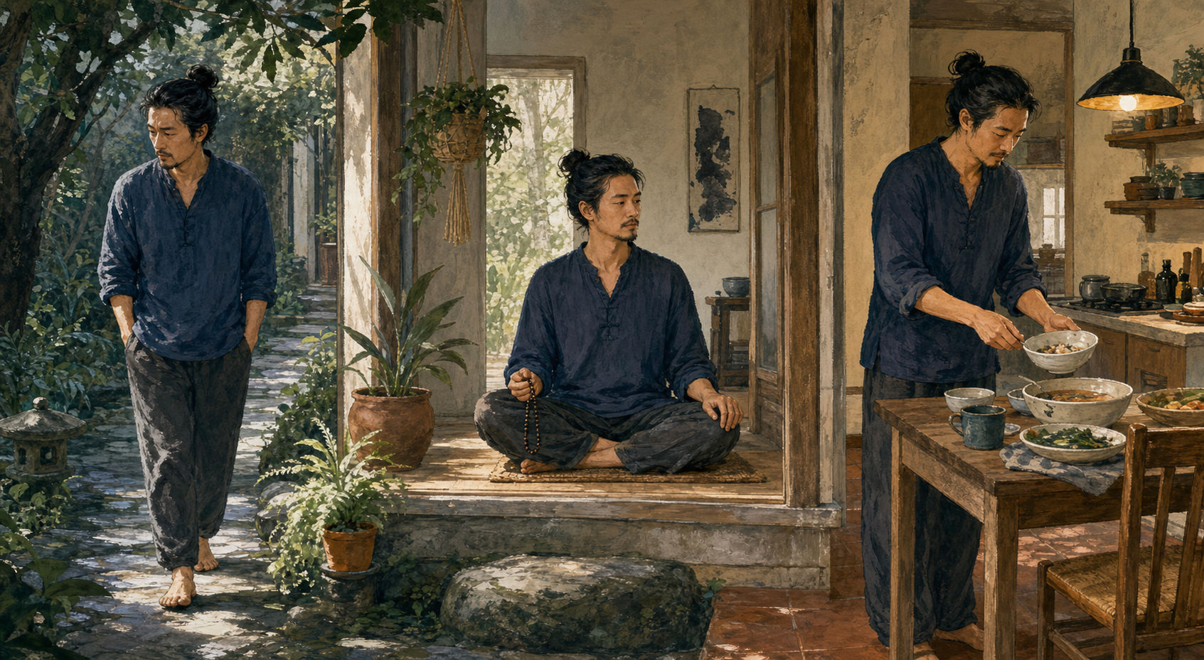 The same adult is shown walking slowly in a garden, meditating with beads, and preparing a simple meal in connected parts of a home.