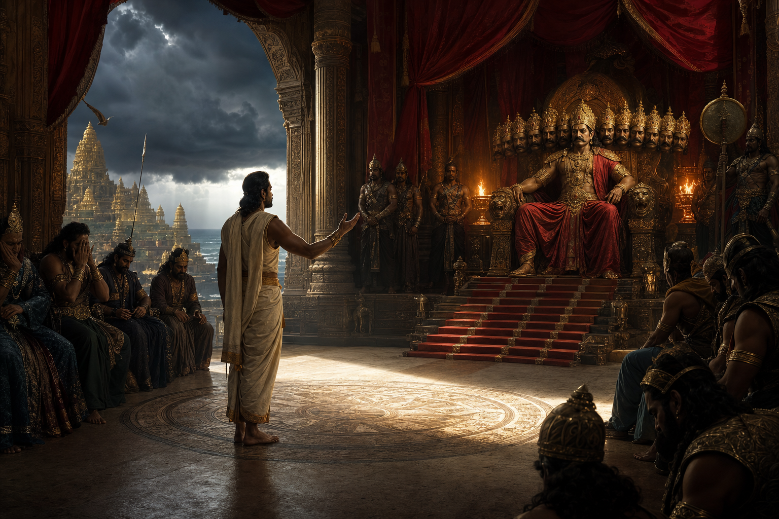 Vibhishana offers counsel before Ravana's throne while silent ministers withdraw into the shadows of Lanka's royal court.