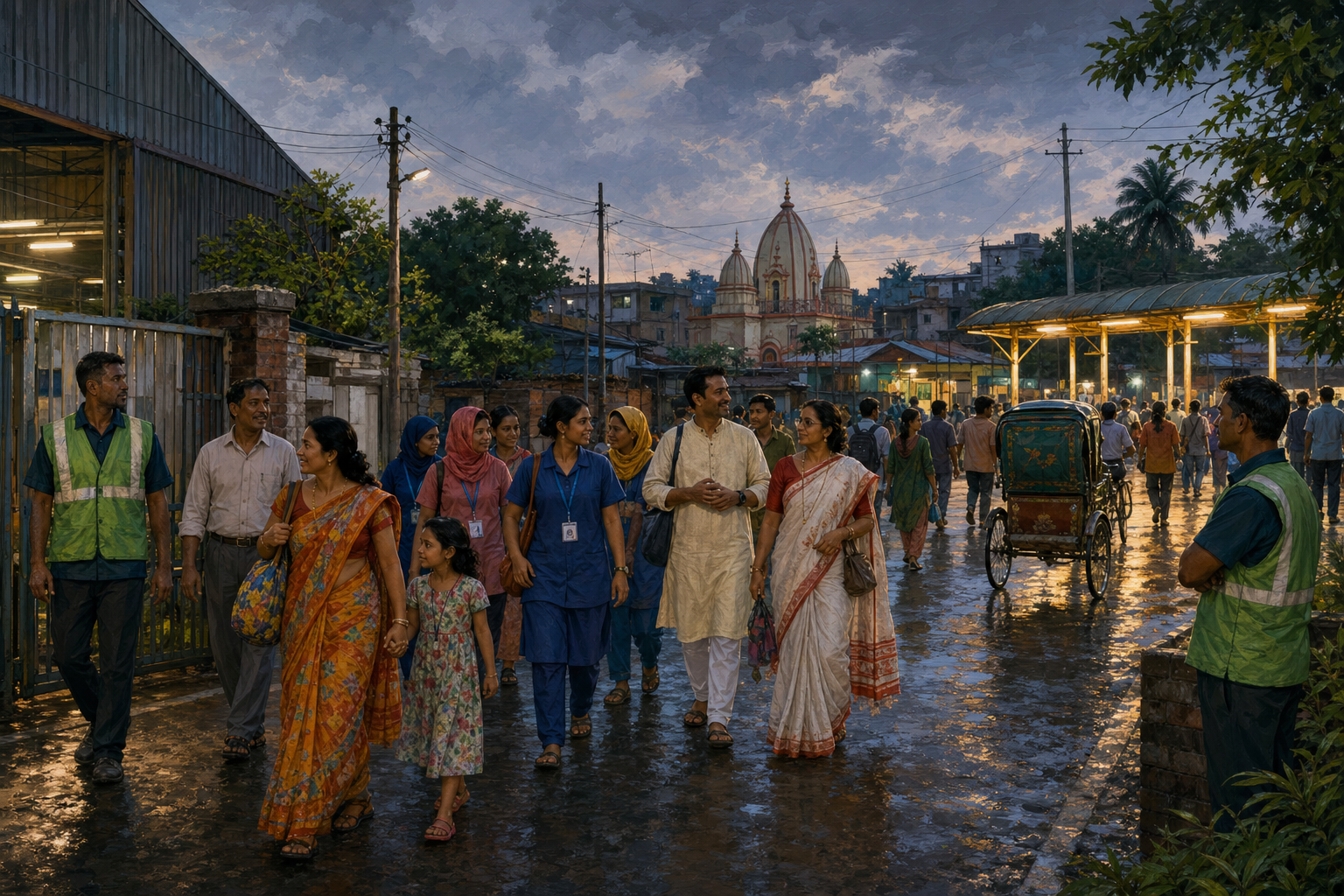 An illustrated group of family members, factory workers, volunteers, and neighbours walking together toward a lit transport stop in a Mymensingh neighbourhood at dusk.