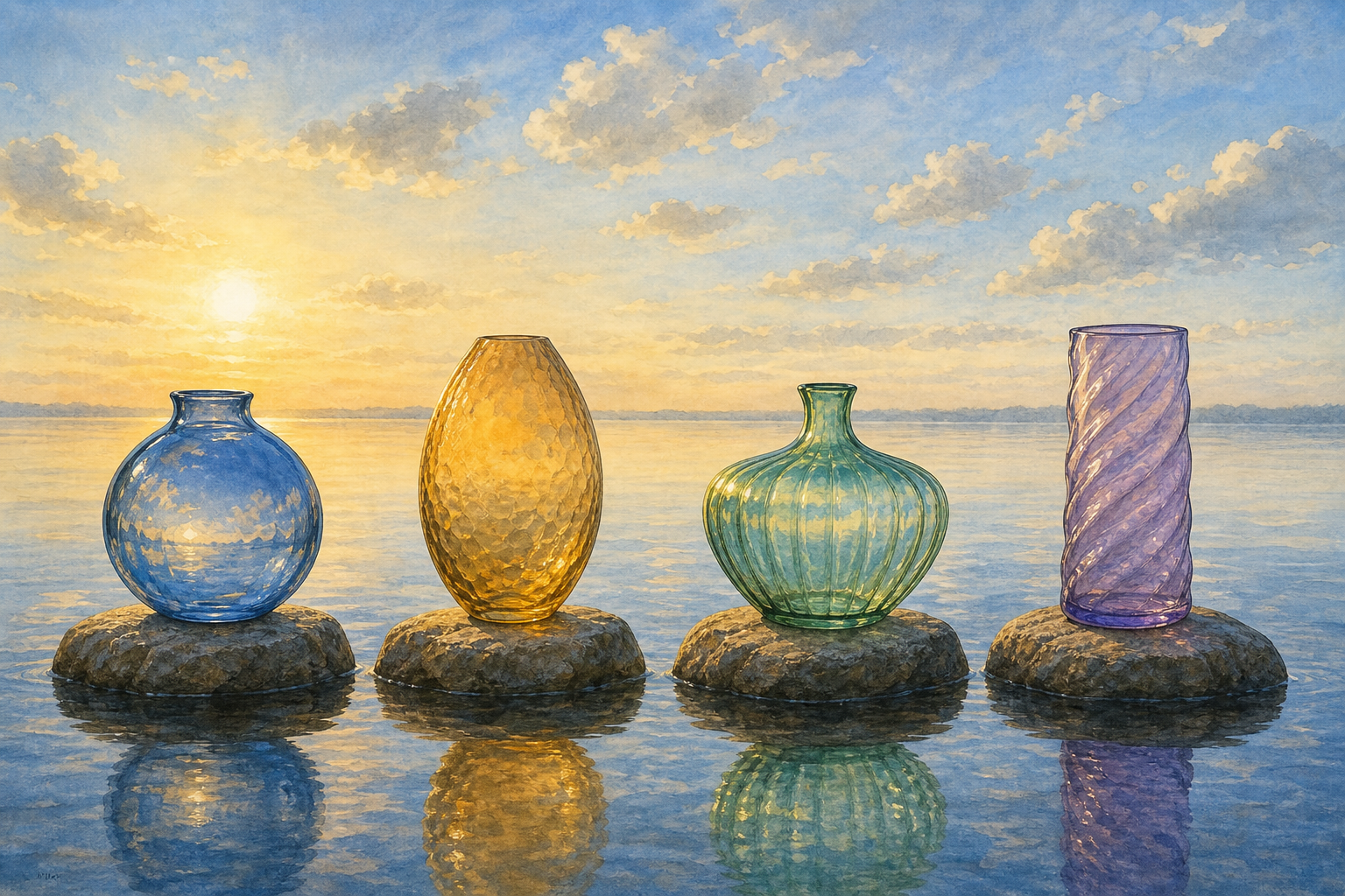 Four differently shaped translucent vessels on separate stones reflect the same morning sky beside a calm lake.