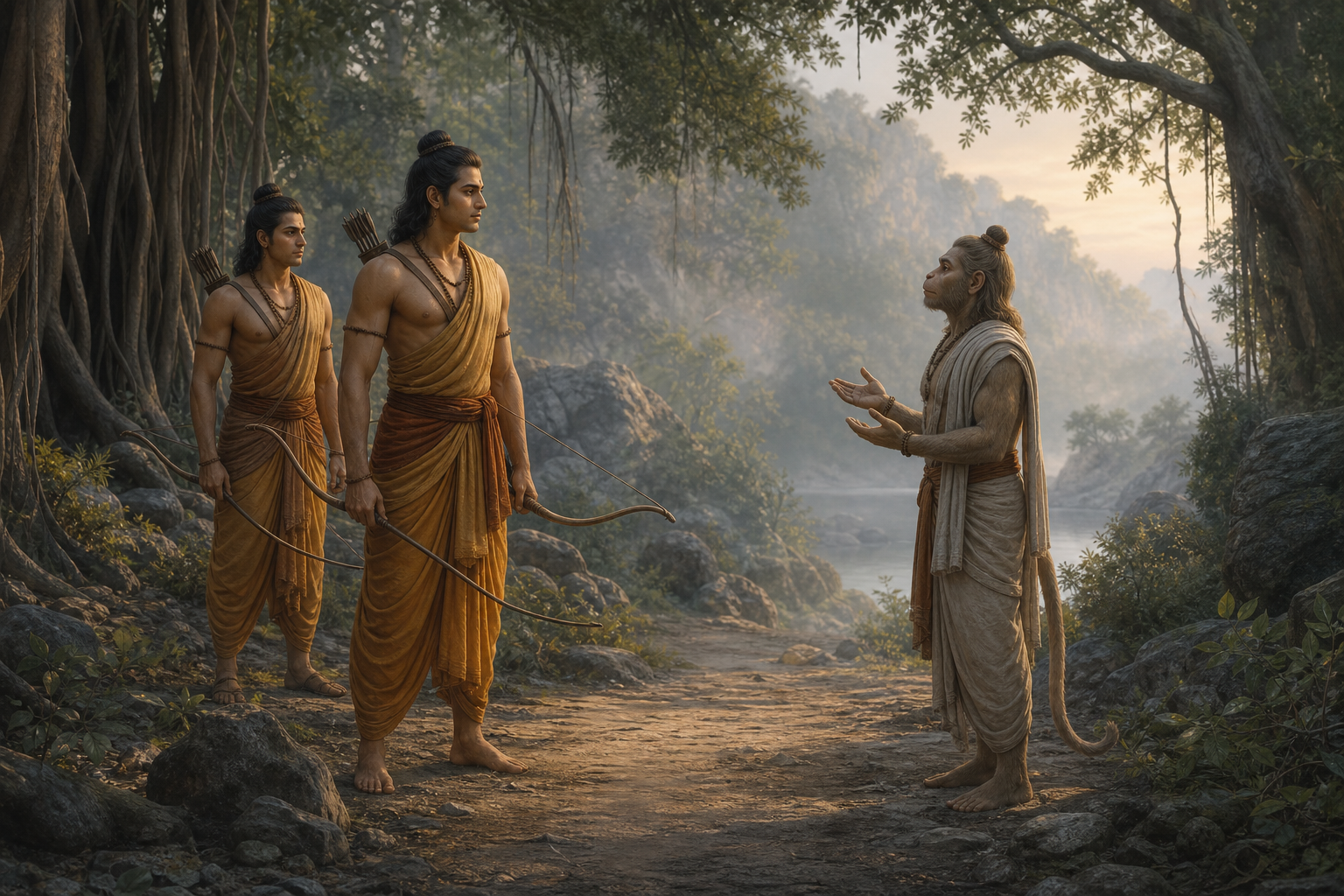 Rama and Lakshmana watch attentively as Hanuman approaches them with open hands on a misty forest path.