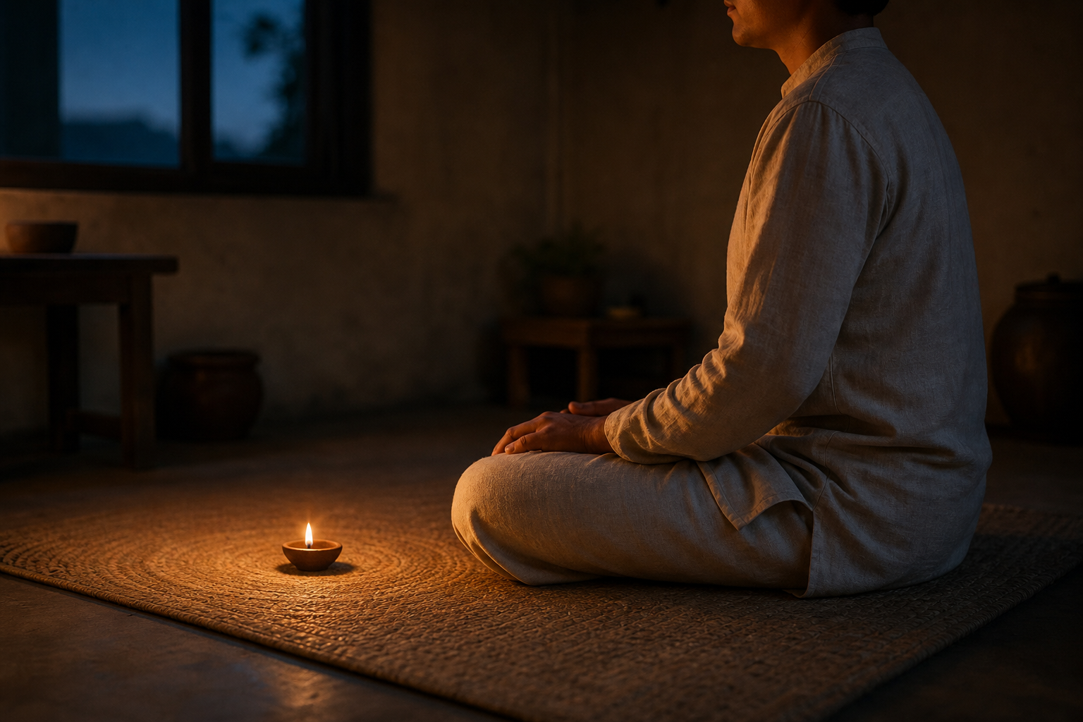 A seated practitioner focuses beside a single clay oil lamp in a quiet room before sunrise.