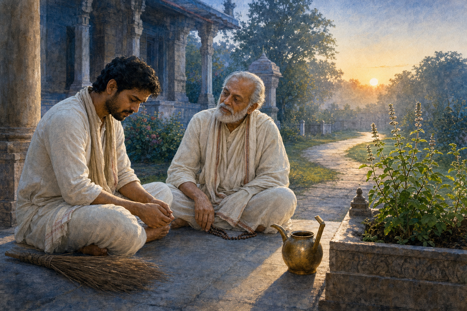 A remorseful person speaks with a listening spiritual mentor beside prayer beads, a broom, and a garden at dawn.