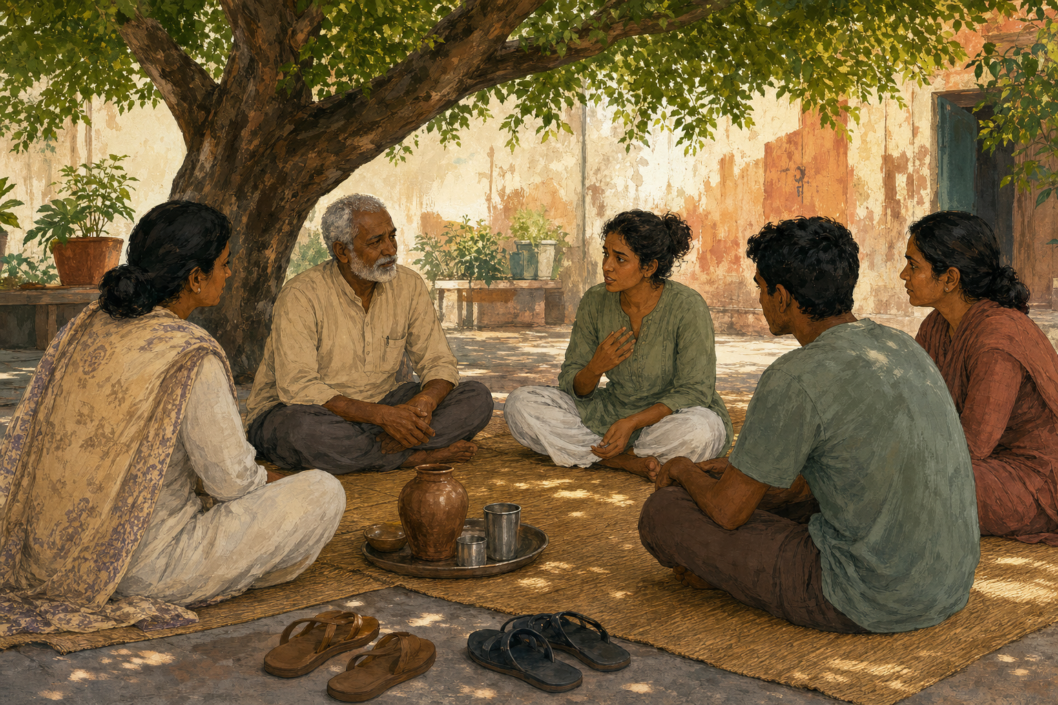 An intergenerational group sits in a circle beneath a tree while one participant speaks and an older teacher listens attentively.