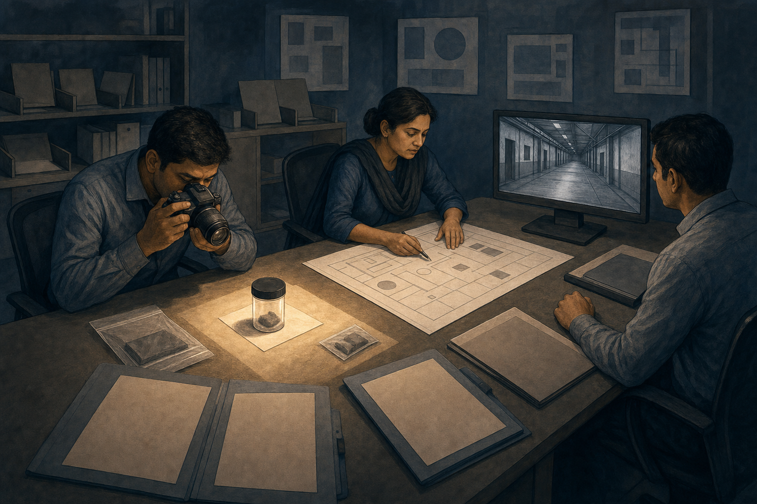 An illustrated investigation team examining sealed evidence, a blank factory floor plan, and security footage of an empty industrial corridor.