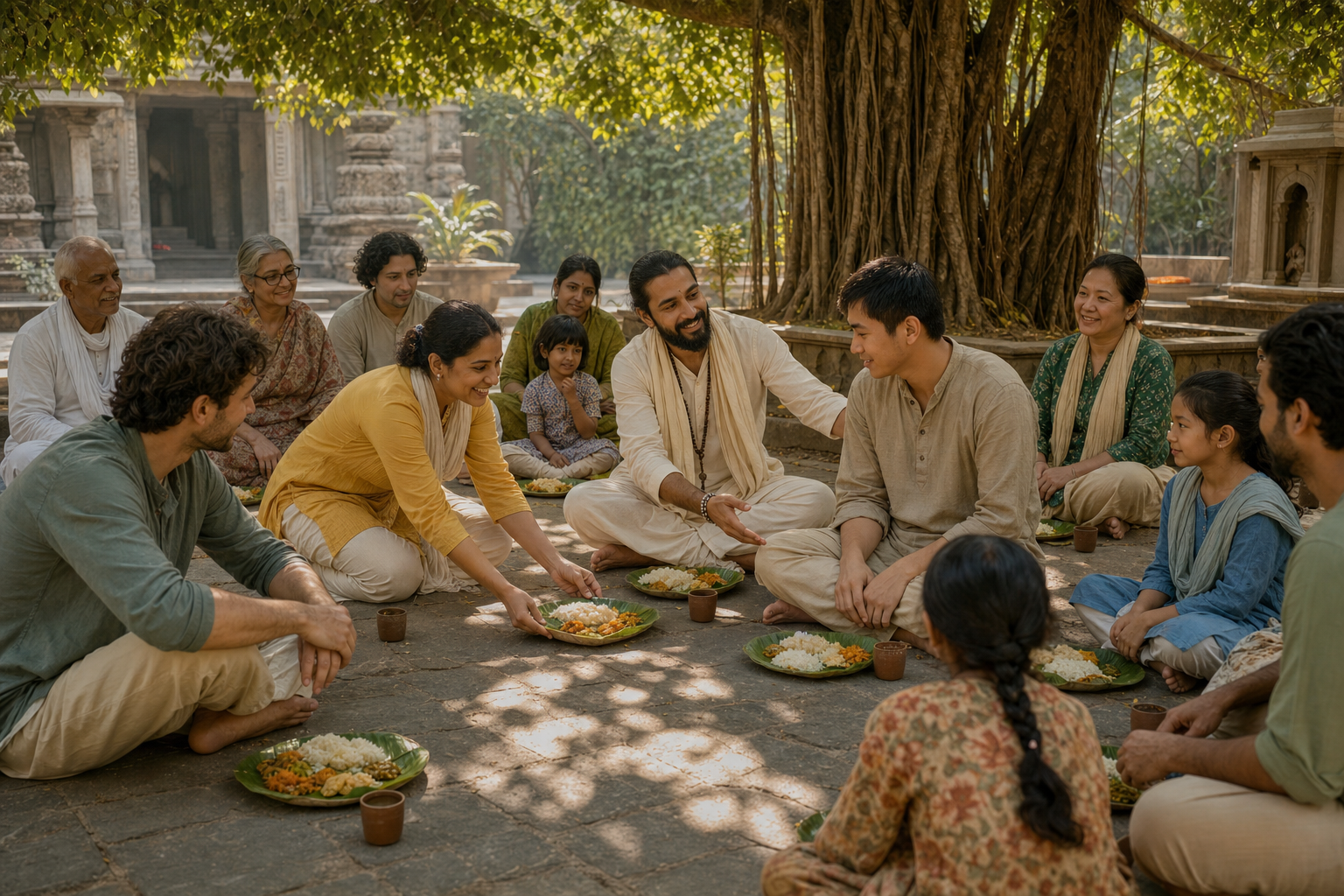 Devotees make room in their shared meal circle for a hesitant newcomer in a shaded temple courtyard.