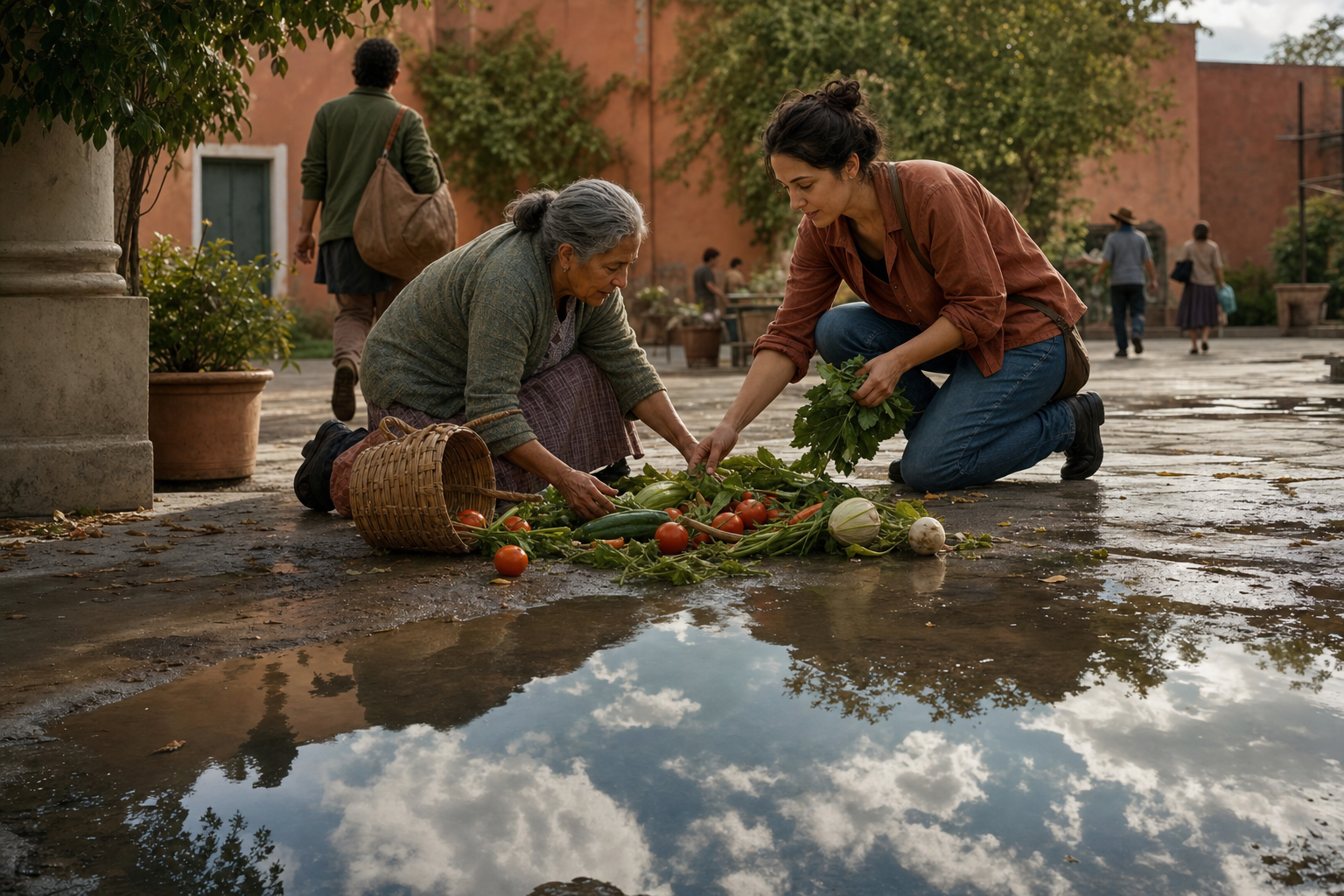 A composed adult helps another person collect vegetables from a wet courtyard as clouds reflect in a nearby puddle.
