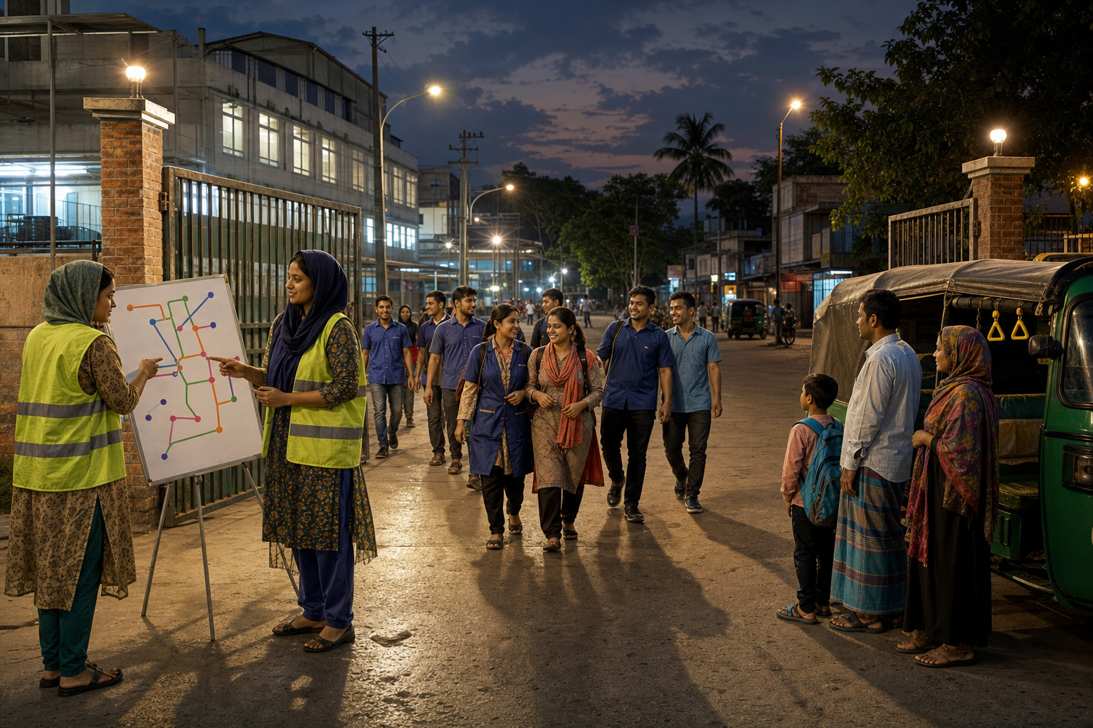 Factory workers leave in buddy groups through a well-lit gate while relatives, transport, and community volunteers coordinate safe departures.