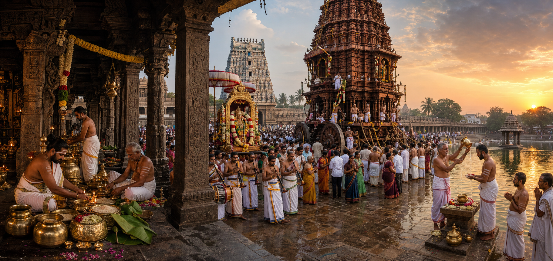 A panoramic temple scene moves from ritual preparations to a procession, a wooden chariot festival and a concluding purification ceremony.