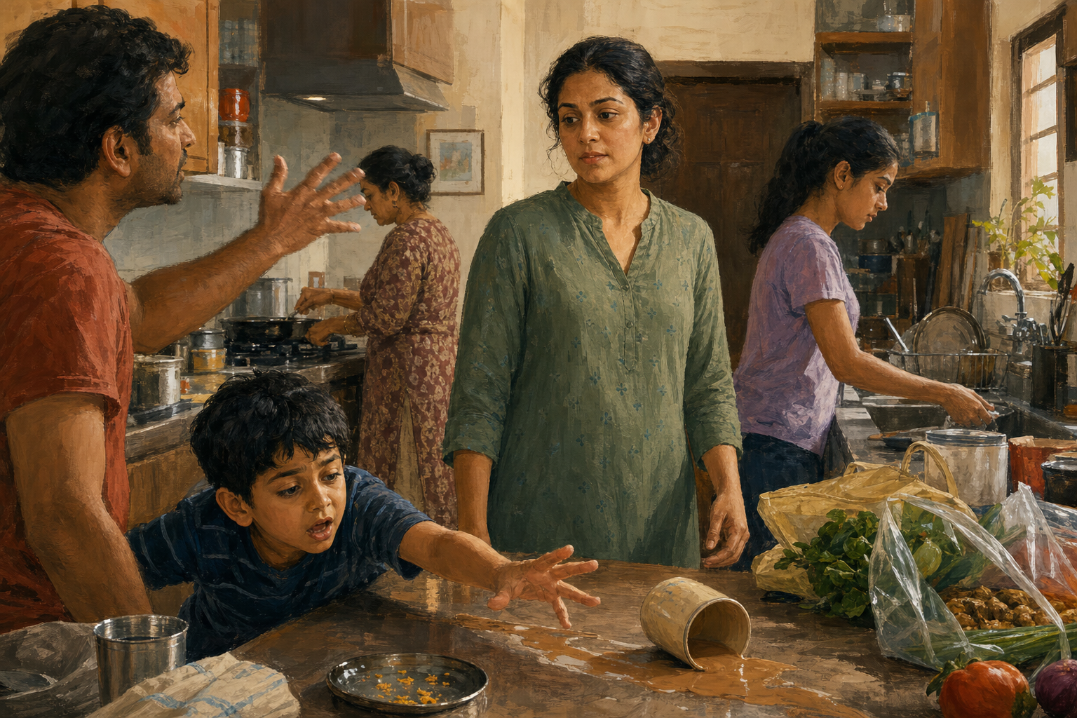 In a busy family kitchen, an adult pauses calmly as a drink spills and another person gestures in frustration.