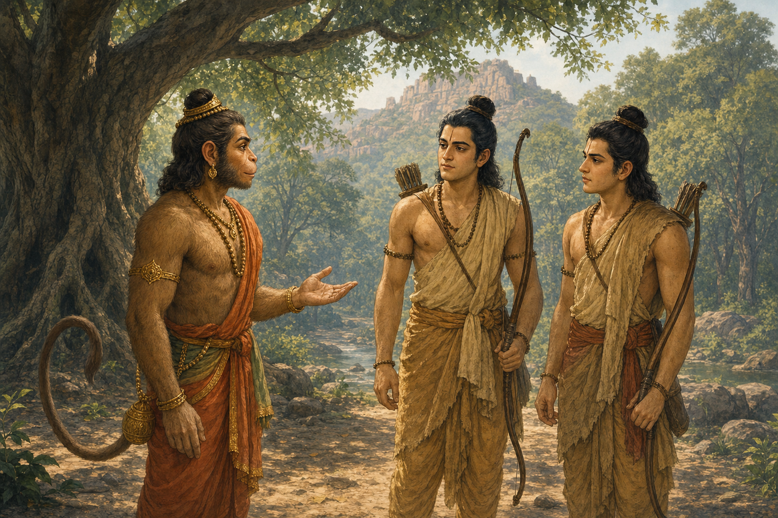 Hanuman speaks with an open-handed gesture while Rama listens and Lakshmana observes beneath a forest tree.