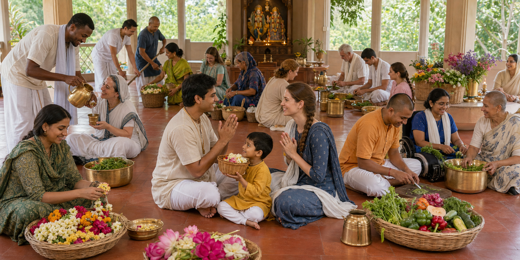 A diverse temple community shares garland making, meal preparation, water service, and cleaning in the same hall.
