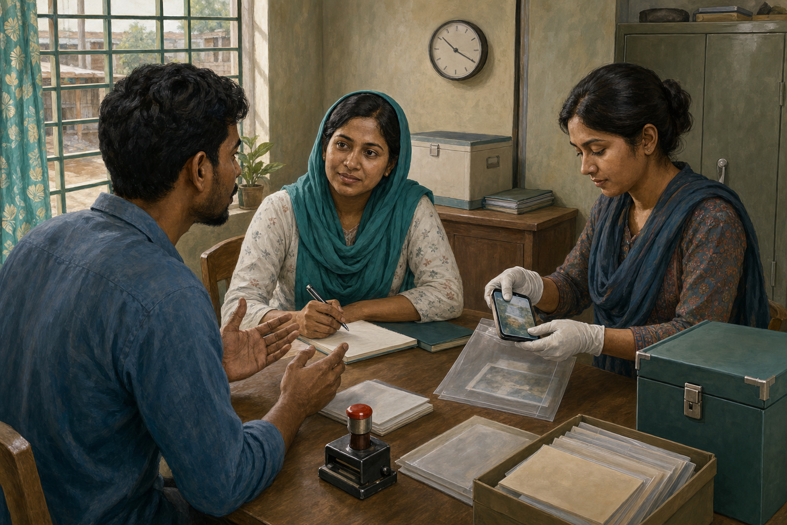A worker speaks with a community advocate while volunteers preserve phone evidence and organize records in a secure neighbourhood office.
