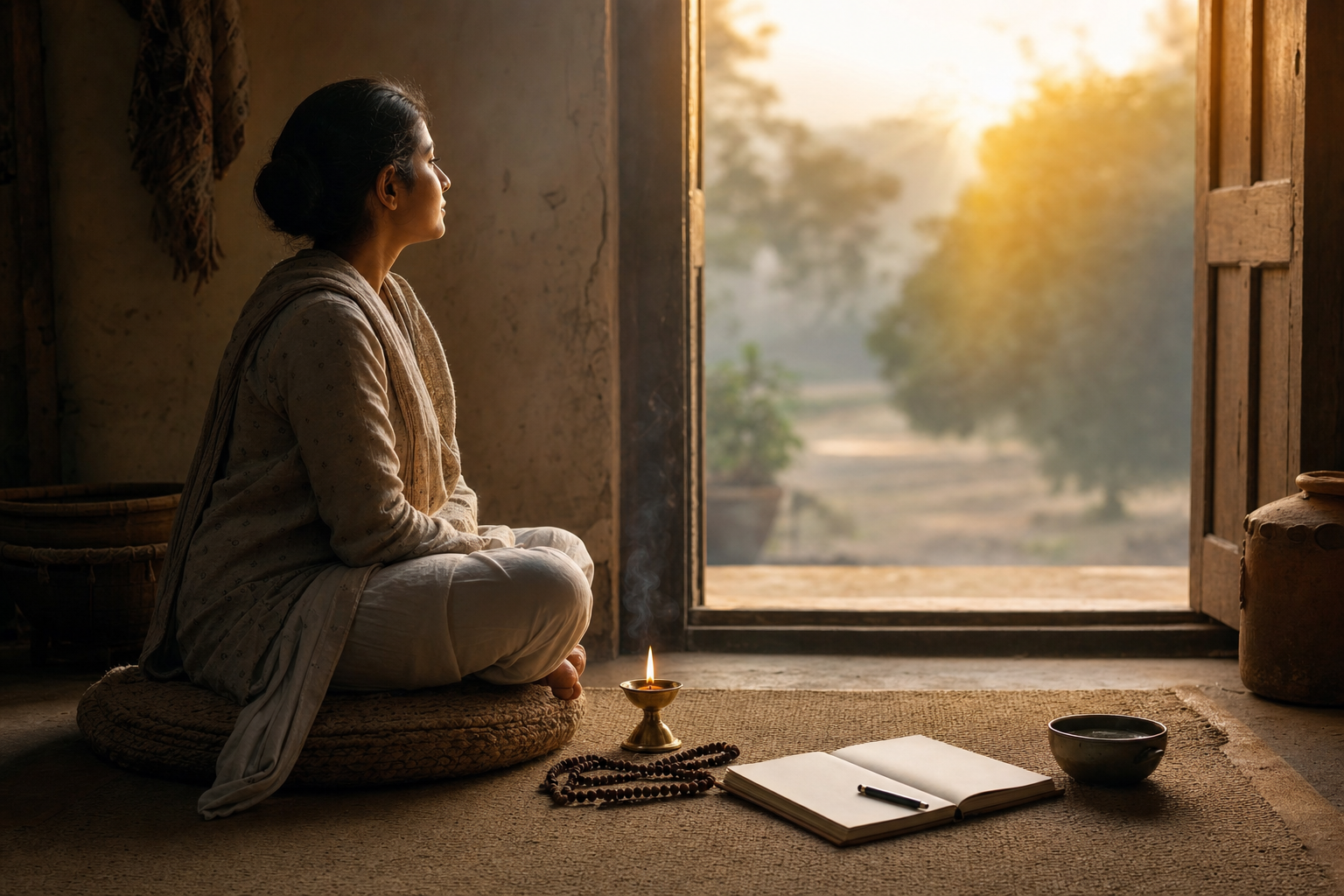 A person sits in quiet reflection beside an open doorway at dawn, with a lit brass lamp, prayer beads, a bowl of water, and a blank journal nearby.