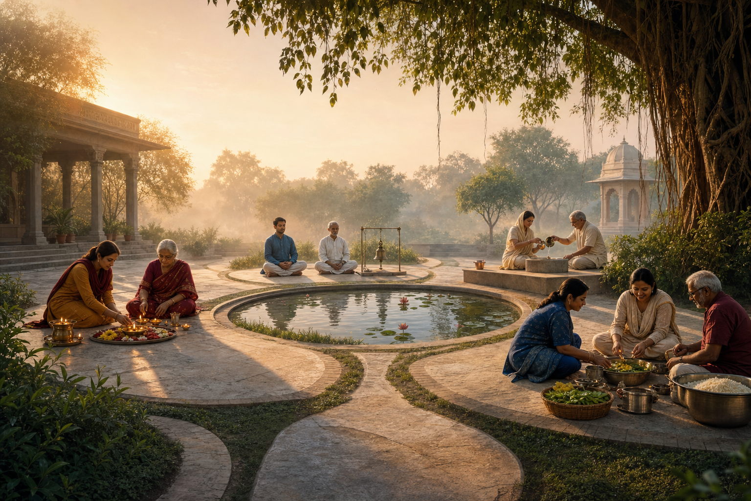 Four groups practise distinct forms of worship, meditation, and service around a shared circular courtyard at dawn.