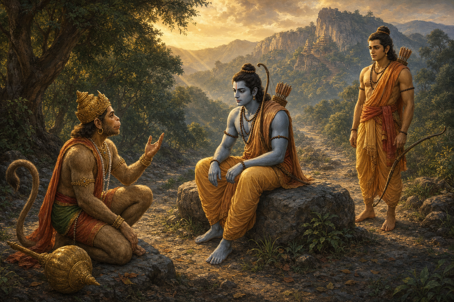 Rama listens to Hanuman while Lakshmana remains watchful, with a forest route and rocky refuge visible behind them.
