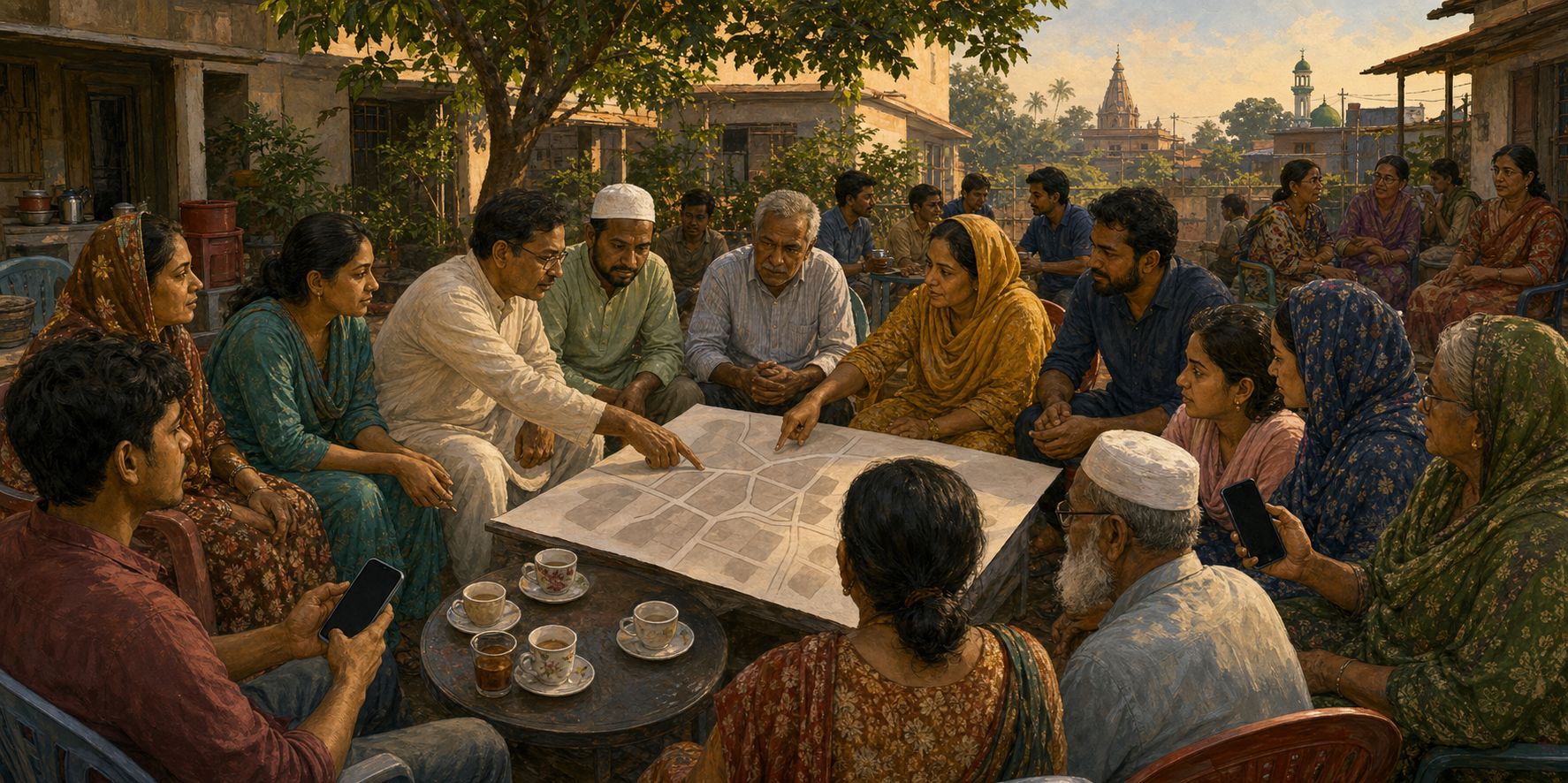 Hindu organisers, Muslim neighbours, workers, women, and elders compare information together in a shared Mymensingh courtyard.