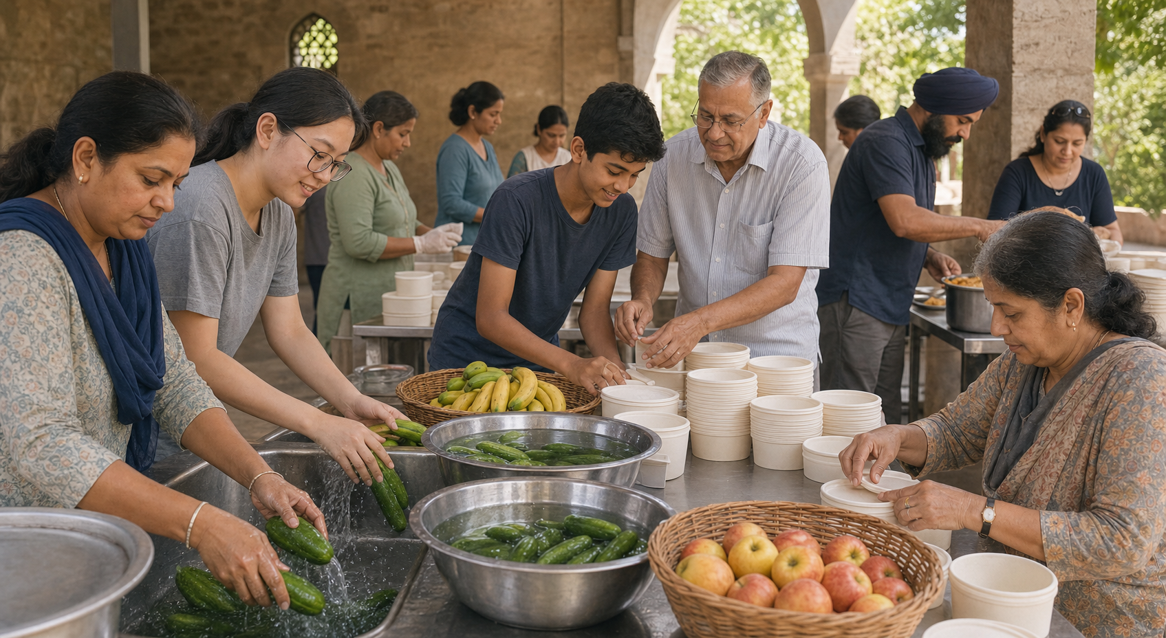 Volunteers from several Dharmic communities prepare fruit and meal containers together in a community courtyard.