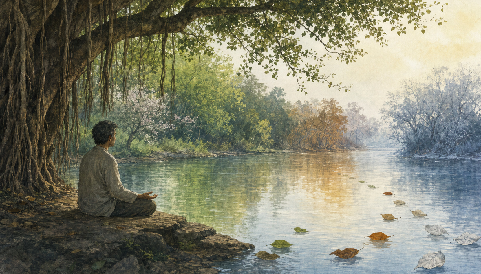 A seated person calmly watches fallen leaves drift along a river beneath a banyan tree as seasonal colors appear in the water.