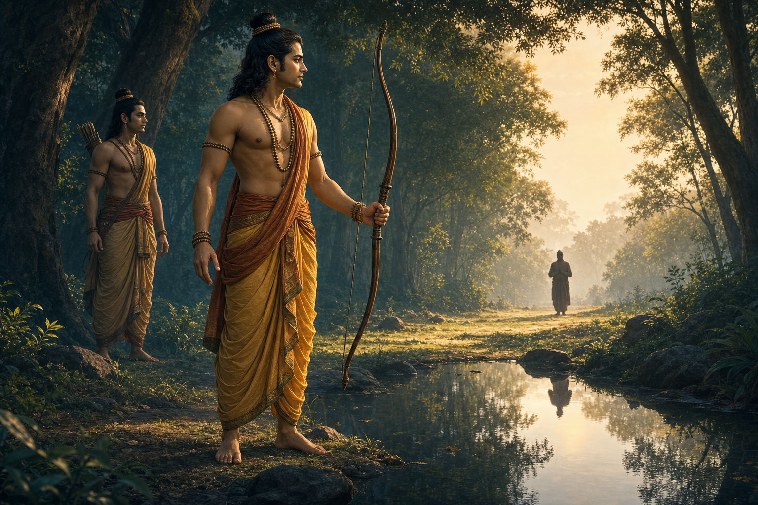 Rama holds his bow without drawing it as he calmly watches an approaching figure in a forest clearing.