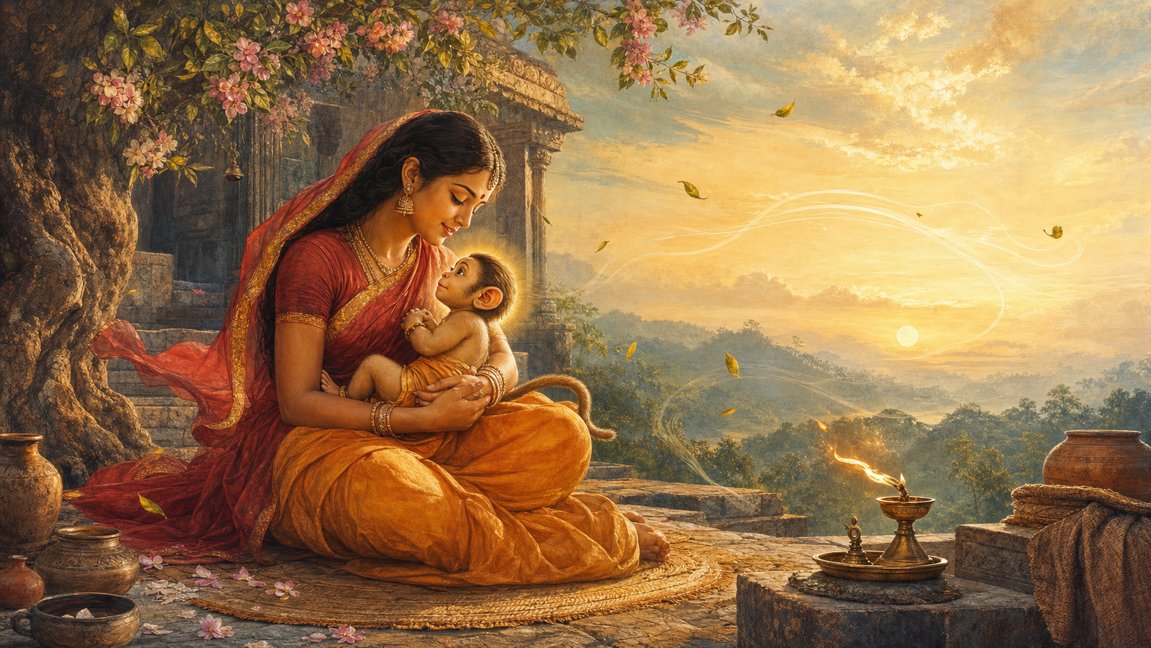 Anjana cradles the newborn Hanuman in a forest hermitage as wind stirs leaves, fabric, and the flame of an oil lamp.