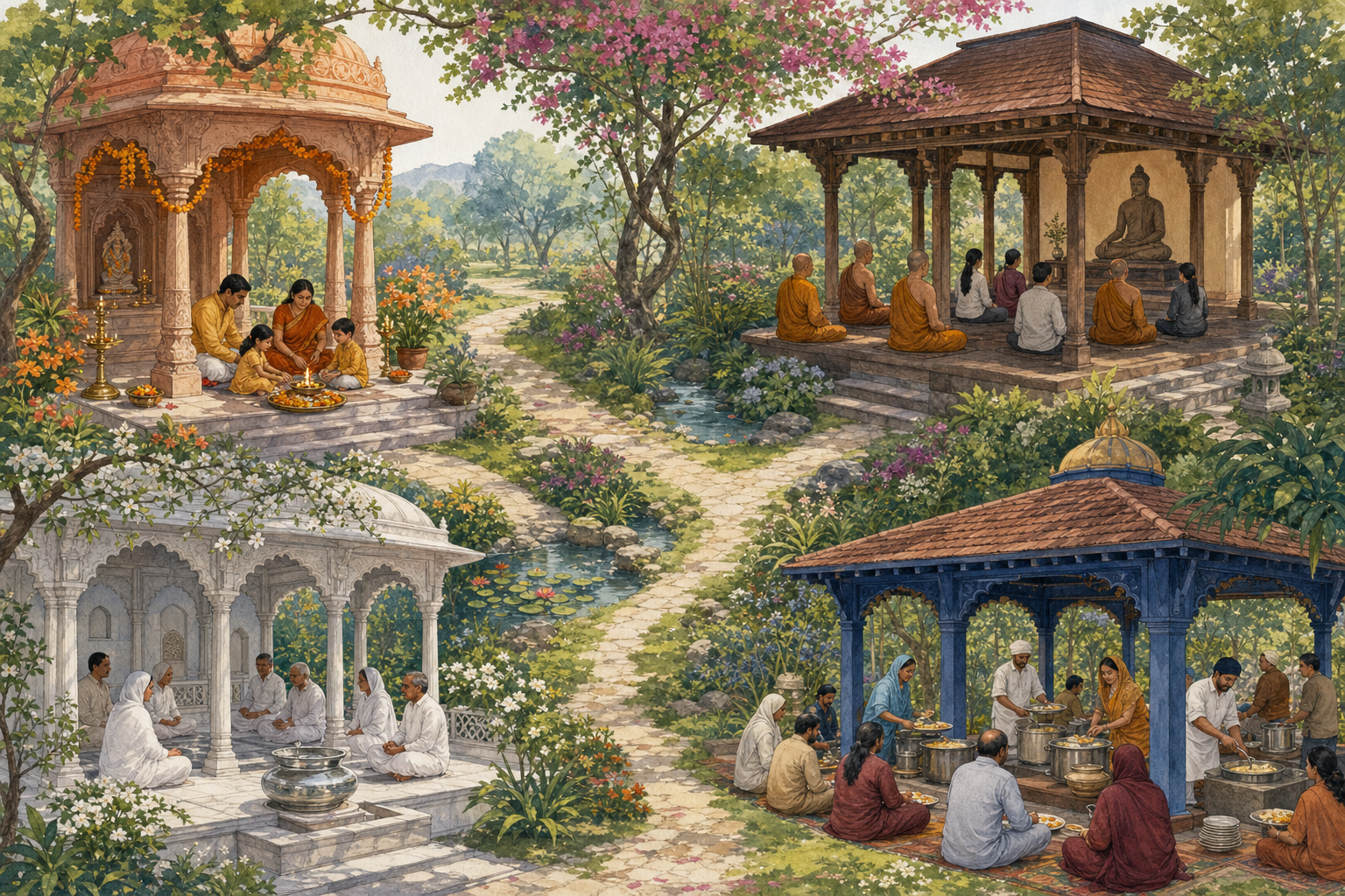 Four separate garden pavilions contain a lamp offering, meditation, contemplation, and communal meal service connected by one path.