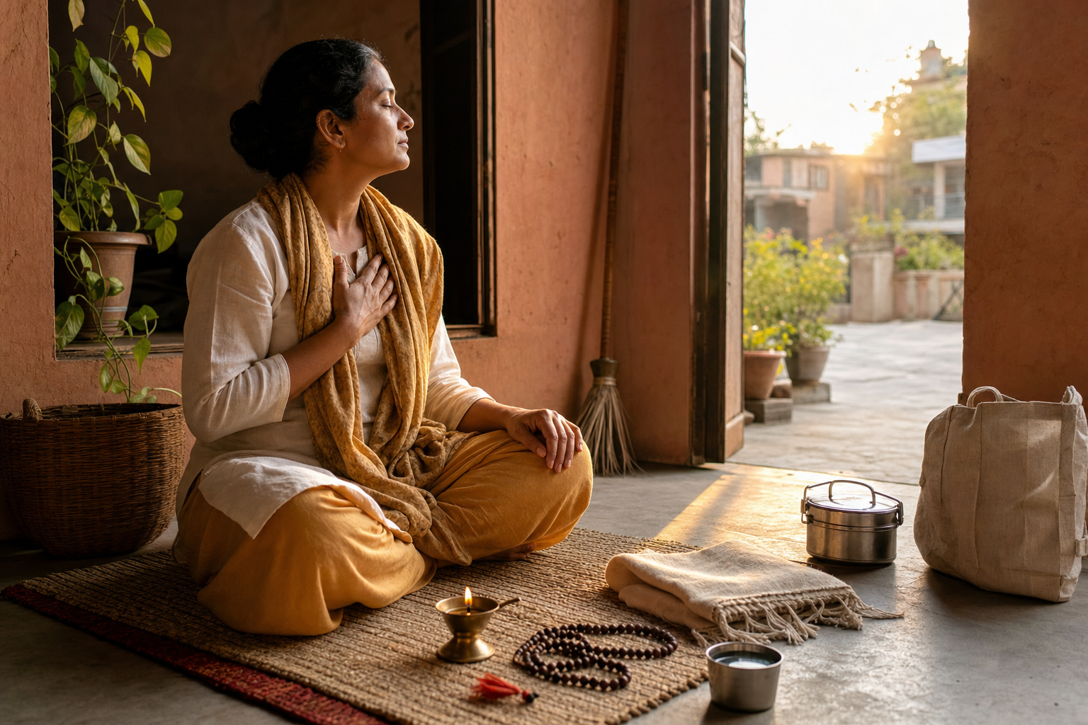 A person concludes a morning practice in a home courtyard beside an oil lamp and prayer beads, with everyday work and household items nearby.