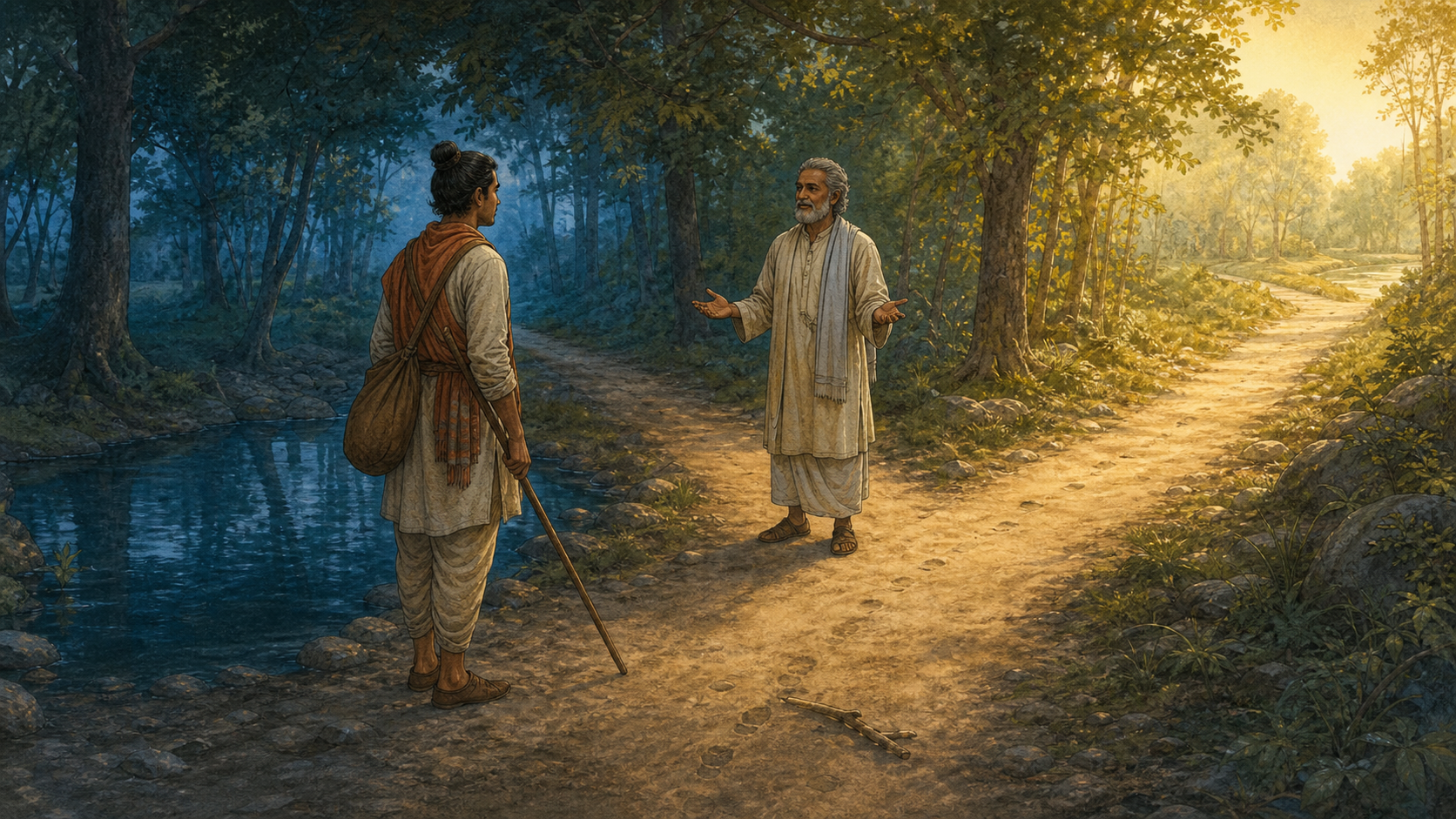 A traveler pauses by a forest pool, examines signs on the ground, listens to another person, and then chooses a sunlit path.
