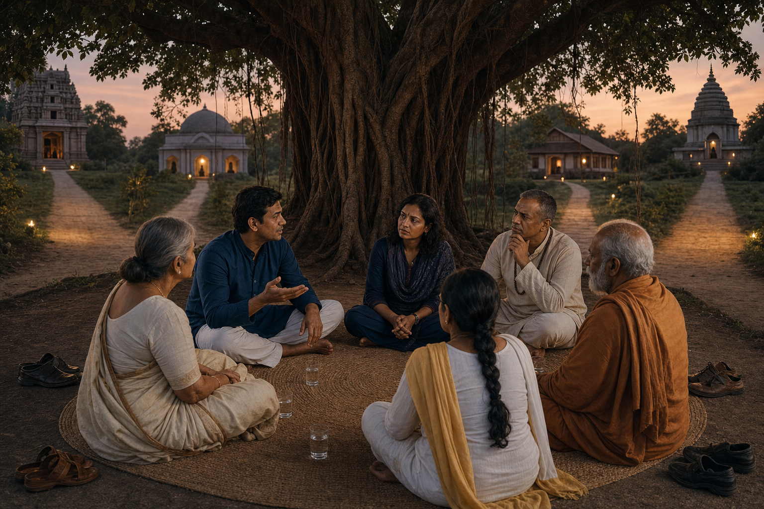 Six people sit beneath a banyan tree in a serious discussion while one person speaks and the others listen.