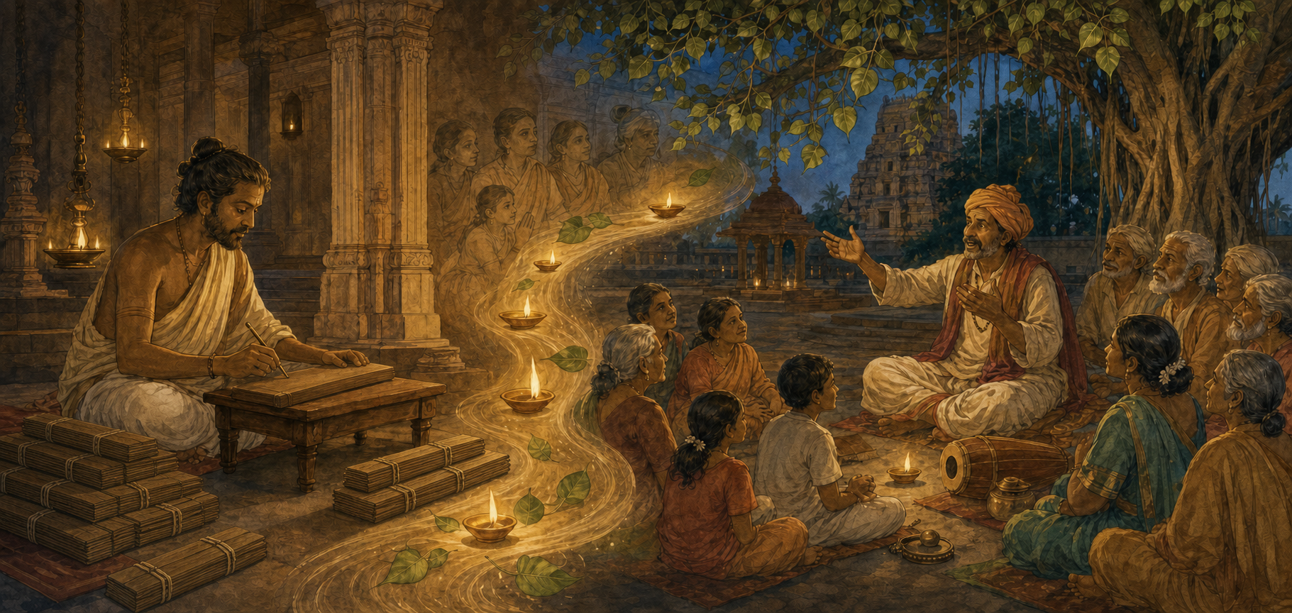 A medieval poet with bound palm-leaf manuscripts is visually connected to a later storyteller addressing families in a temple courtyard.