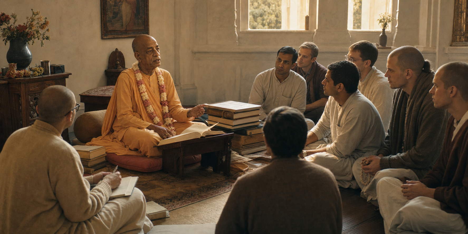 Srila Prabhupada sits beside an open book and teaches a diverse group of attentive students in a sunlit temple room.