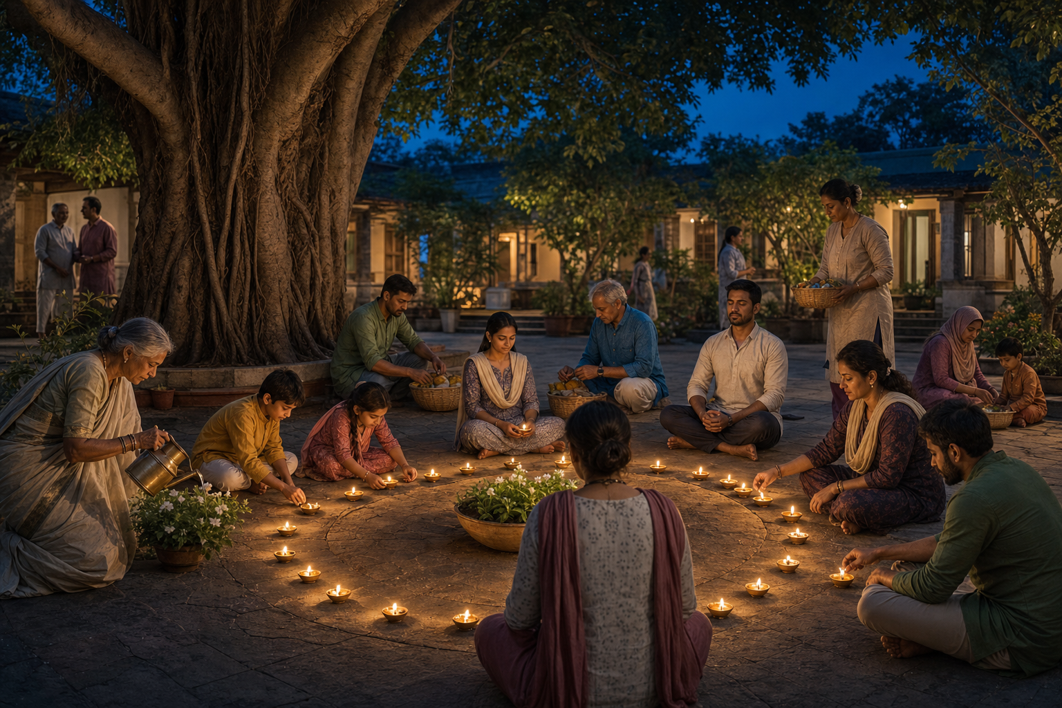 A multigenerational community gathers beneath a large tree around a circle of oil lamps while people meditate, tend a plant, prepare food, and light lamps together.