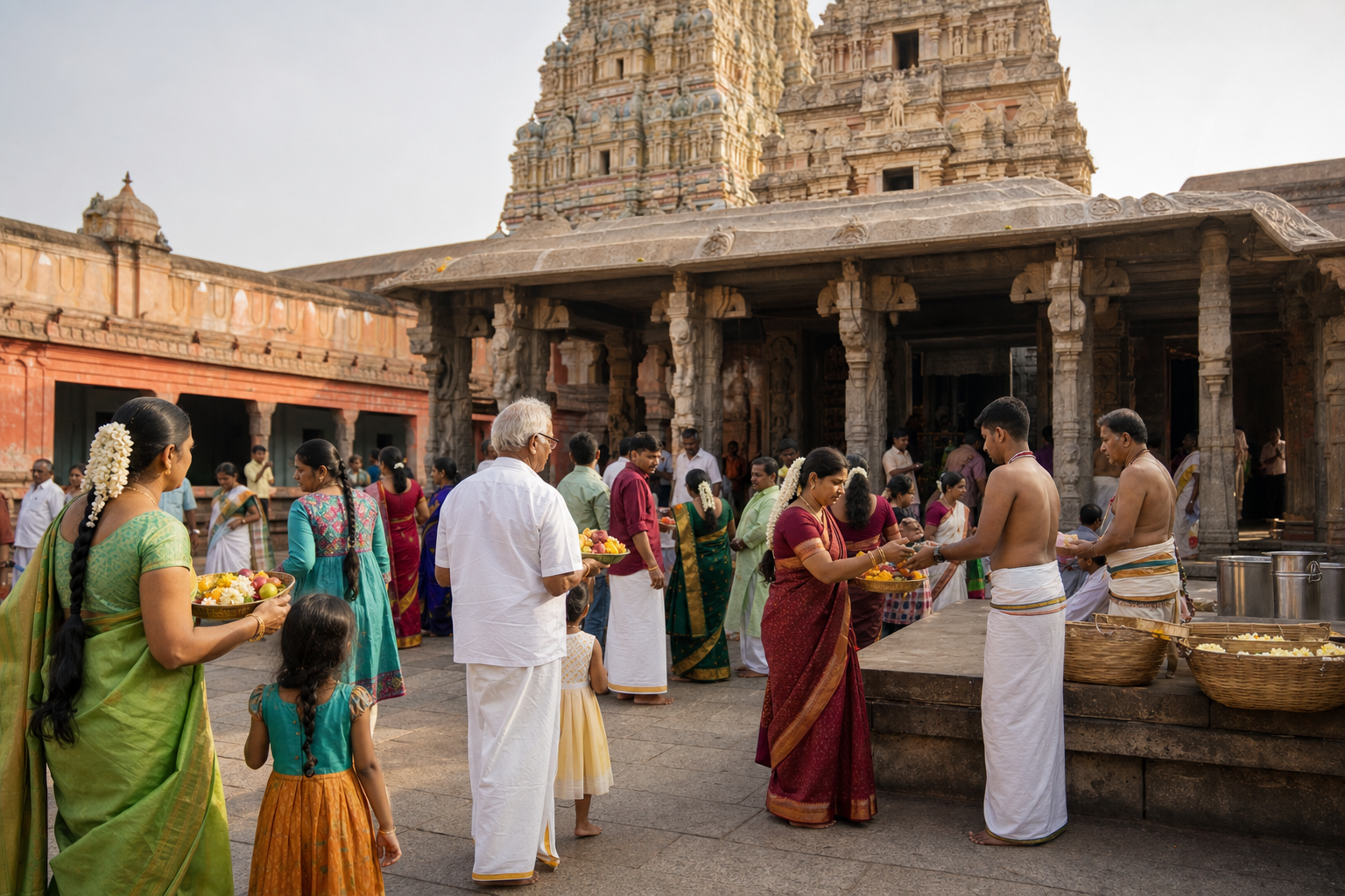 Tamil families gather with flower and fruit offerings in a temple courtyard while volunteers distribute prasadam and food for charity.