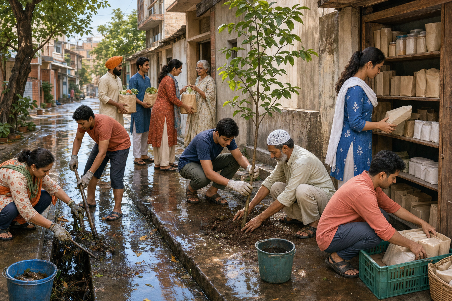 Neighbours deliver groceries, clear a drain, plant a tree, and stock a small community pantry after rainfall.