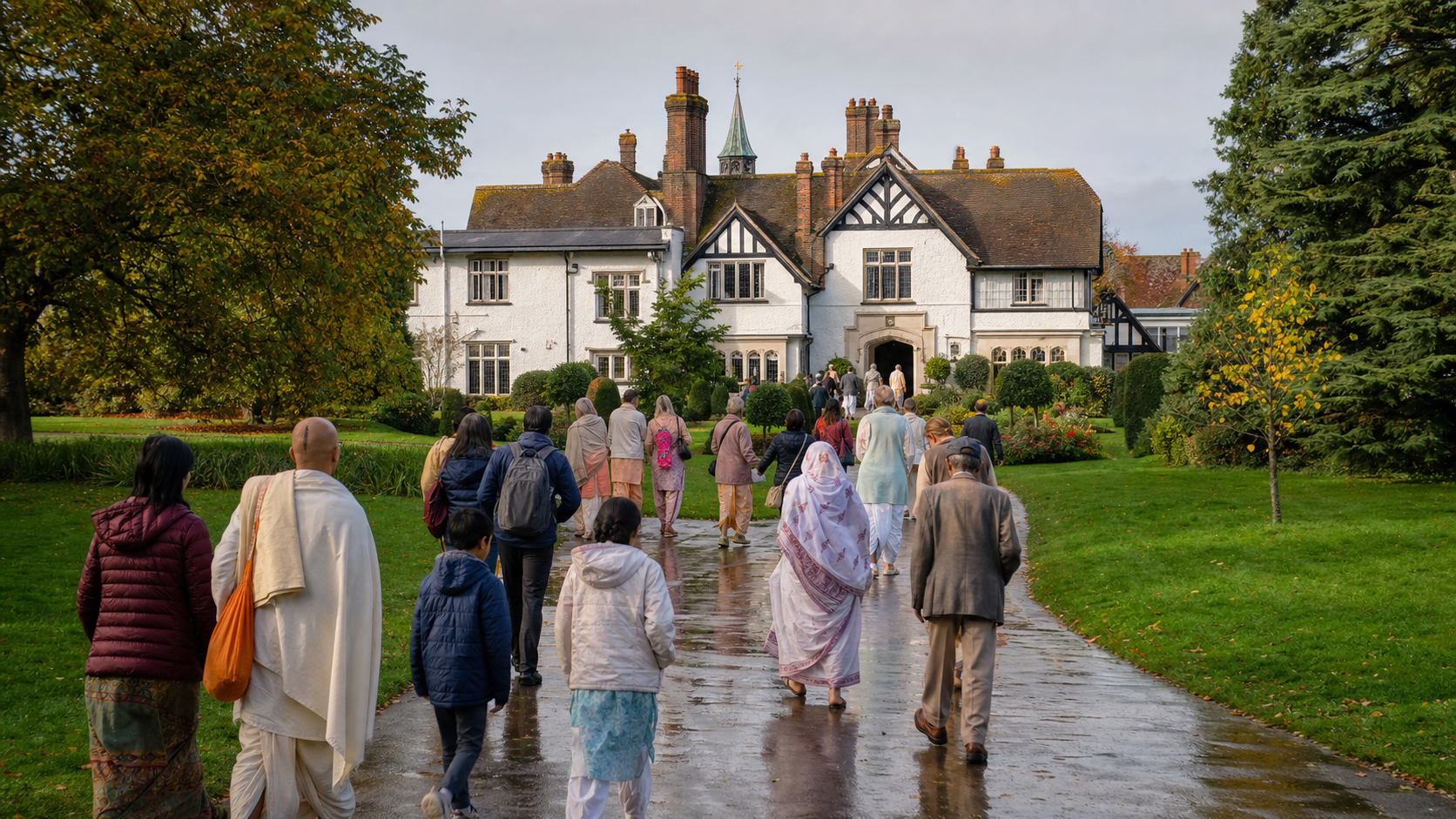 Families, visitors and devotees walk toward Bhaktivedanta Manor across its green grounds on a Sunday morning.
