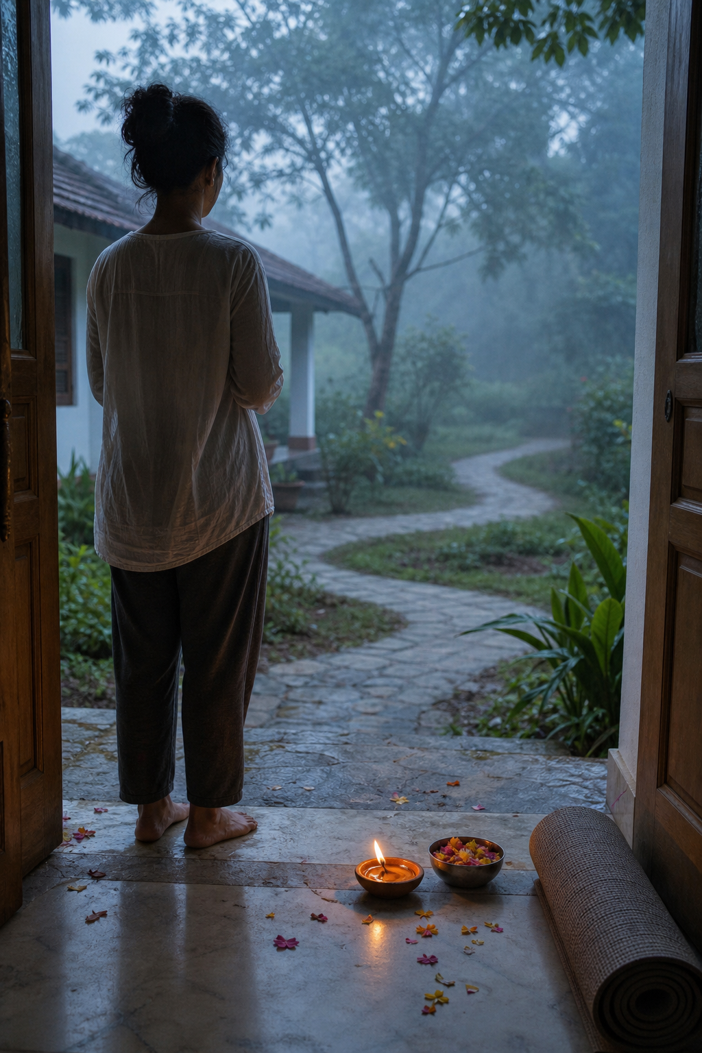 A barefoot person stands at a doorway beside a glowing oil lamp while a misty garden path curves away and returns toward the home.