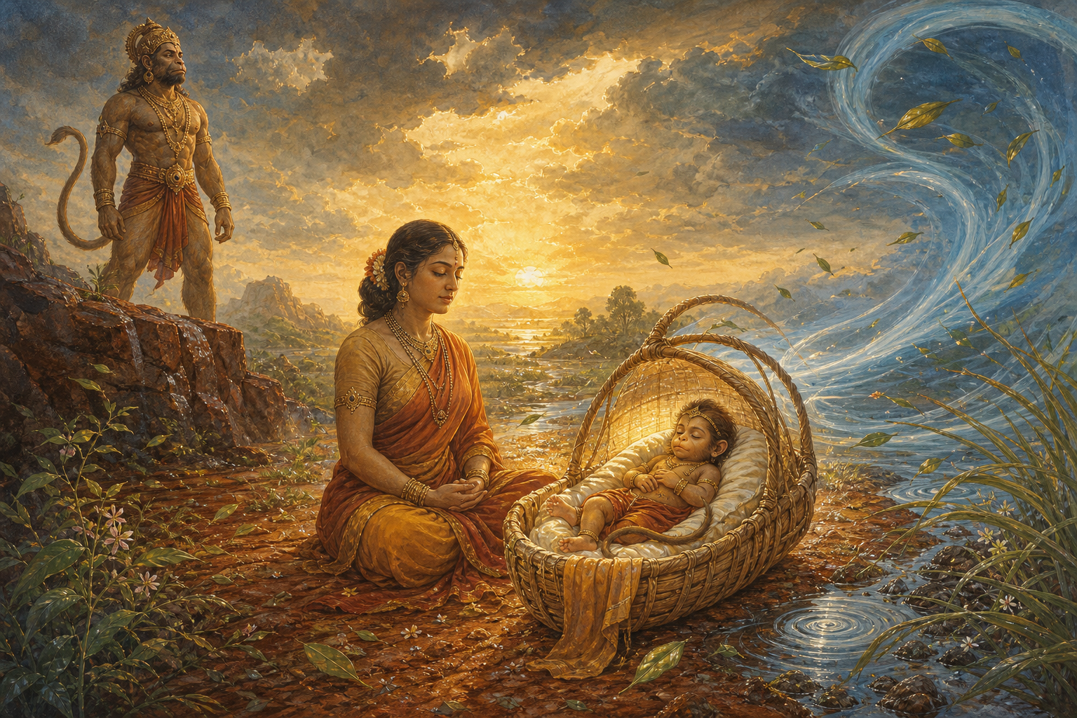 Anjana meditates beside the infant Hanuman while Vali stands on a rocky ridge and wind curls protectively around the cradle.