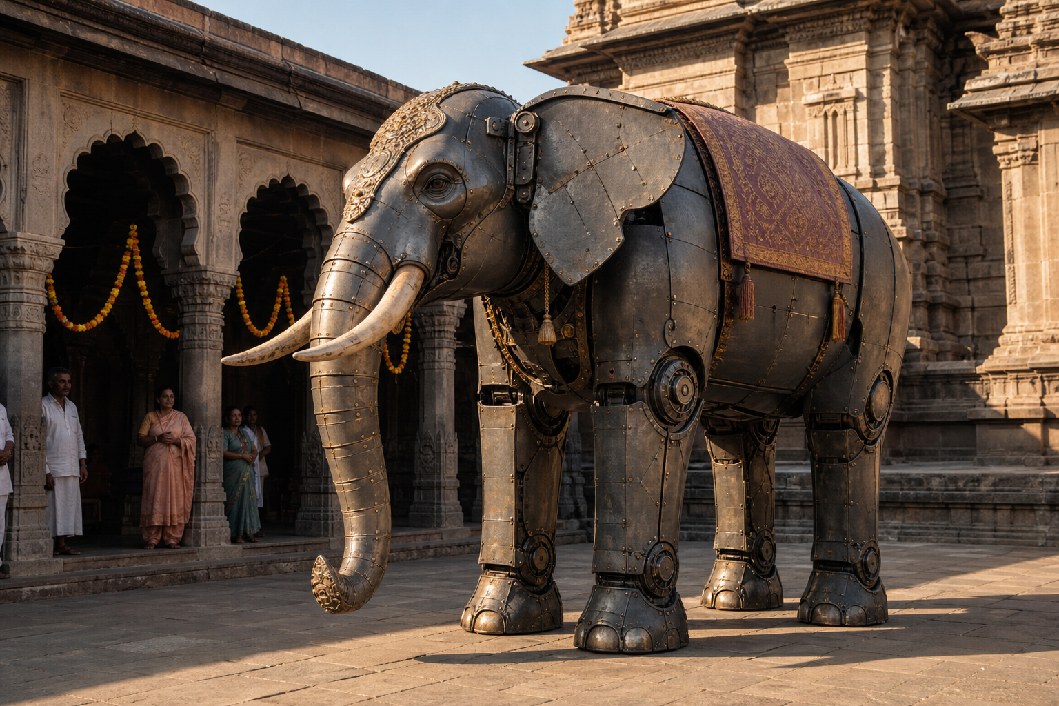A life-size mechanical elephant with visible panel seams and articulated joints standing in a temple courtyard as pilgrims observe from a distance.