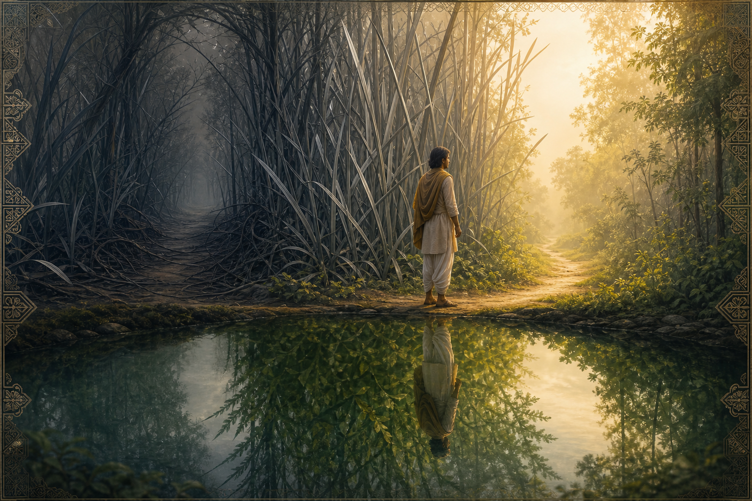 A traveler pauses before a forest of sword-shaped leaves while a still pool reflects the forest as living green trees.